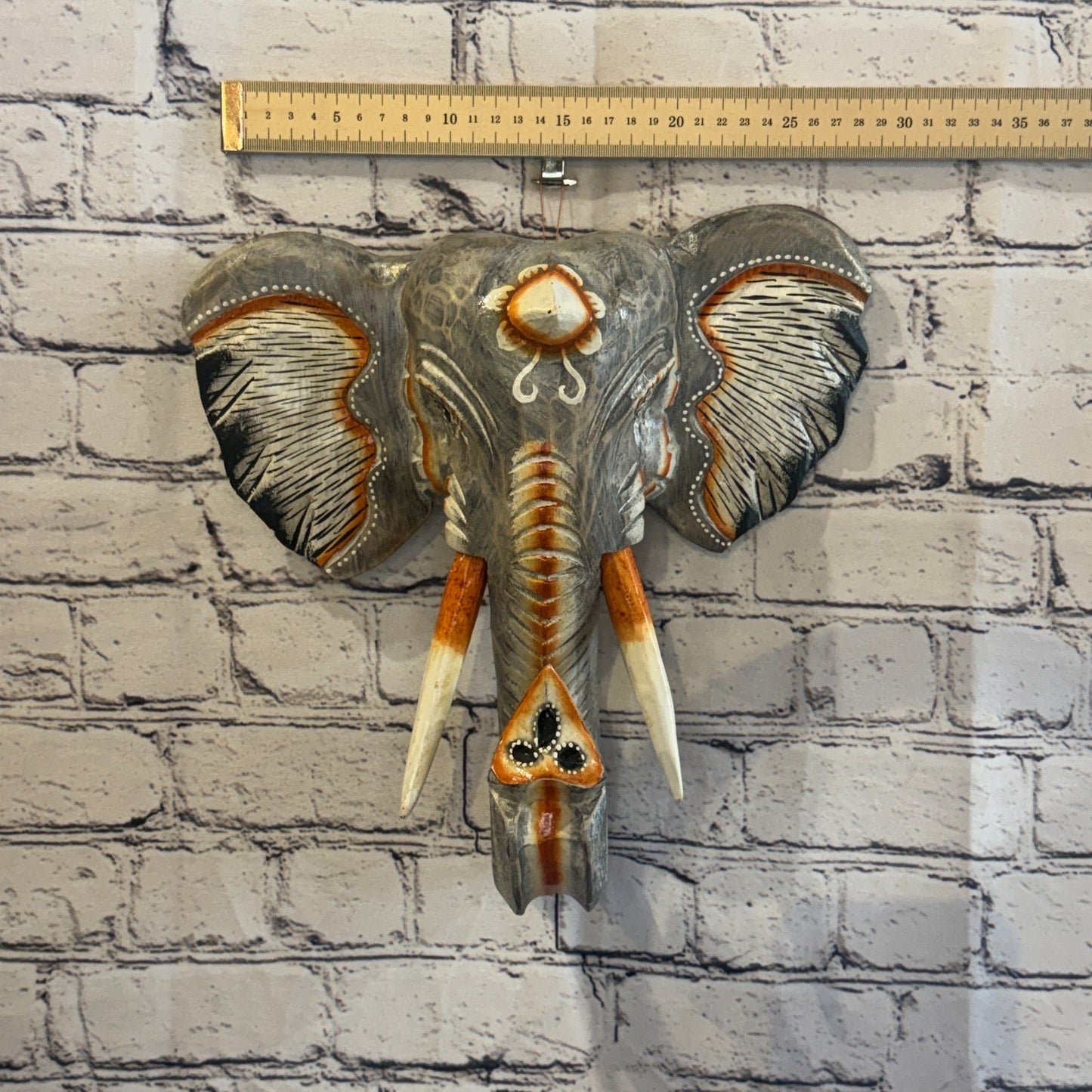 30cm x 30cm Grey Light Painted Wood Elephant Head Wall Mounted Art Shabby3