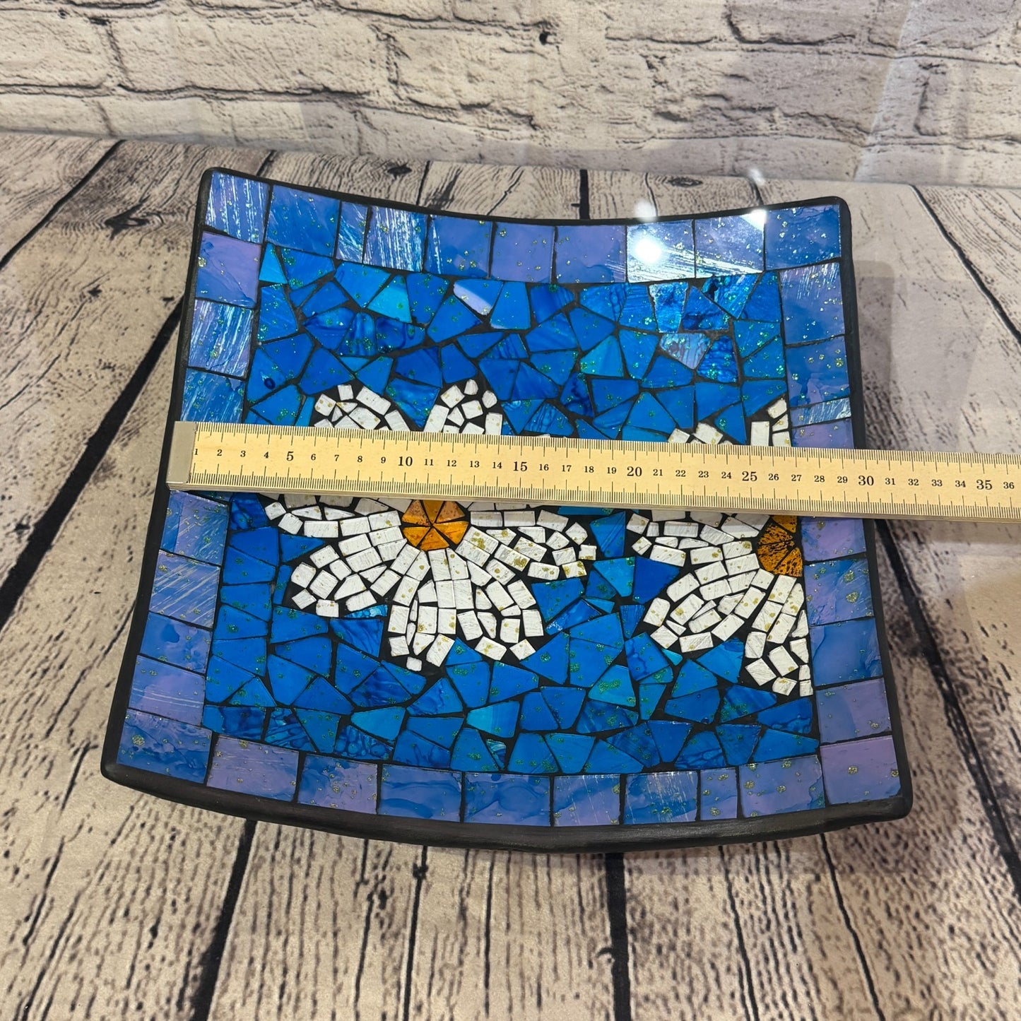 30cm Blue Daisy Flower Square Mosaic Handmade Ceramic Glass Tile Bowl Fruit1