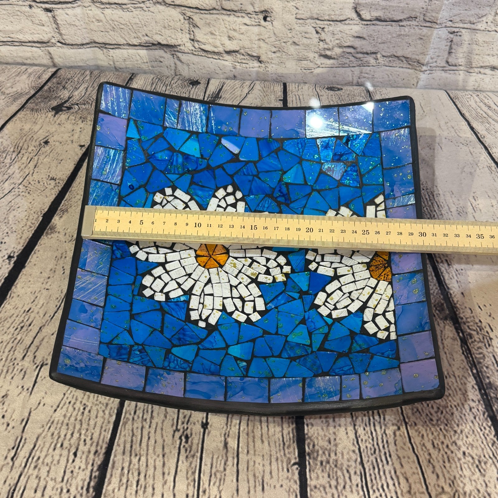 30cm Blue Daisy Flower Square Mosaic Handmade Ceramic Glass Tile Bowl Fruit1