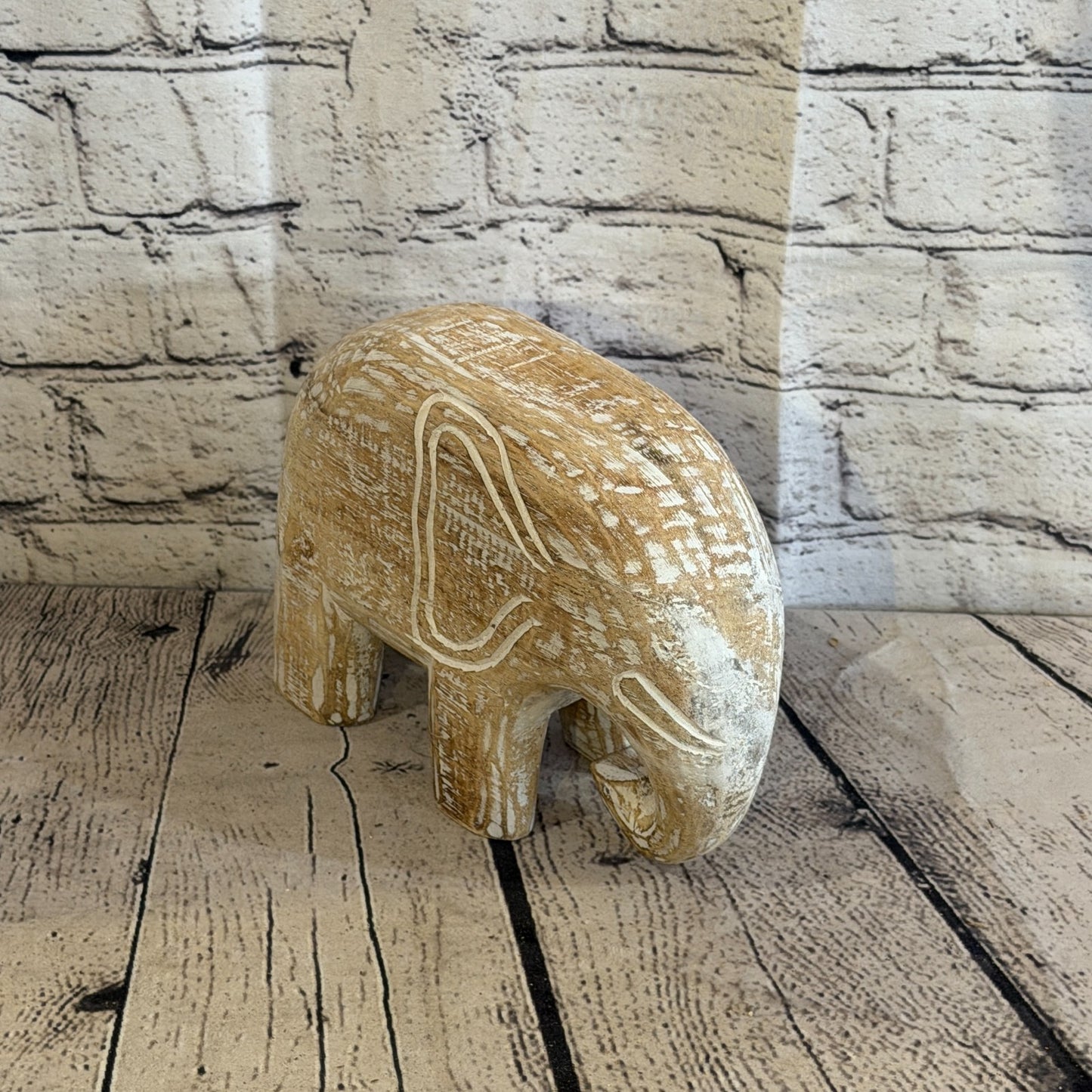15cm x 20cm White Wood Wooden Standing Elephant Hand Carved Painted Statue2
