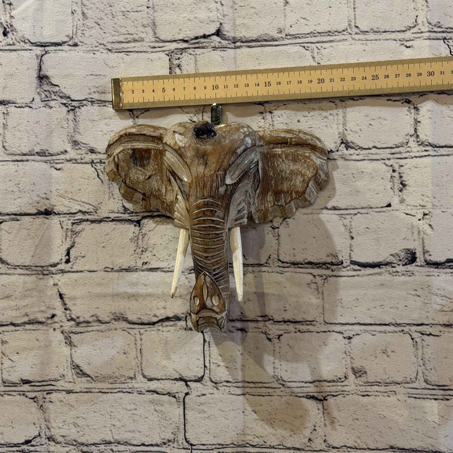 20cm x 20cm Plain Brown Painted Wood Elephant Head Wall Mounted Art Shabby3