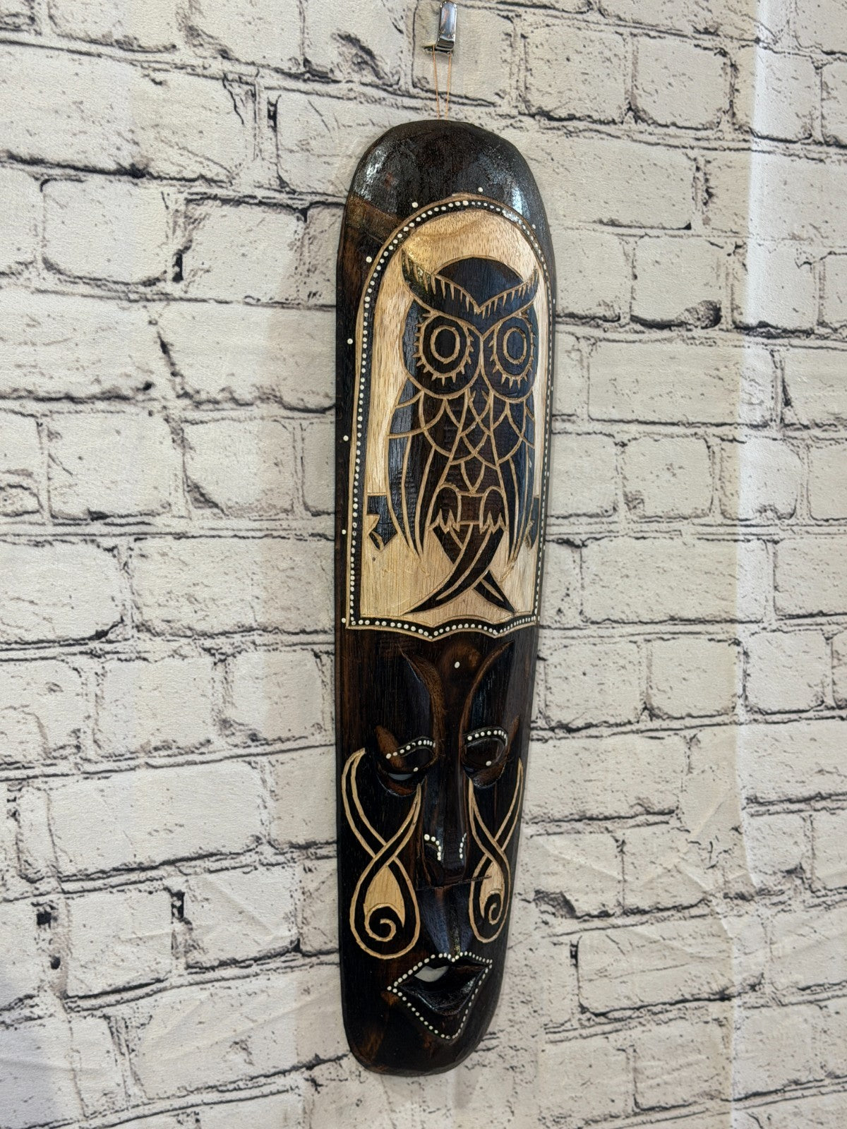 50cm Owl Mask Carved Wooden Brown Work Painted Ethnic Tribal Tiki Wall Art0