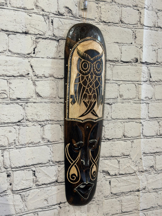 50cm Owl Mask Carved Wooden Brown Work Painted Ethnic Tribal Tiki Wall Art0