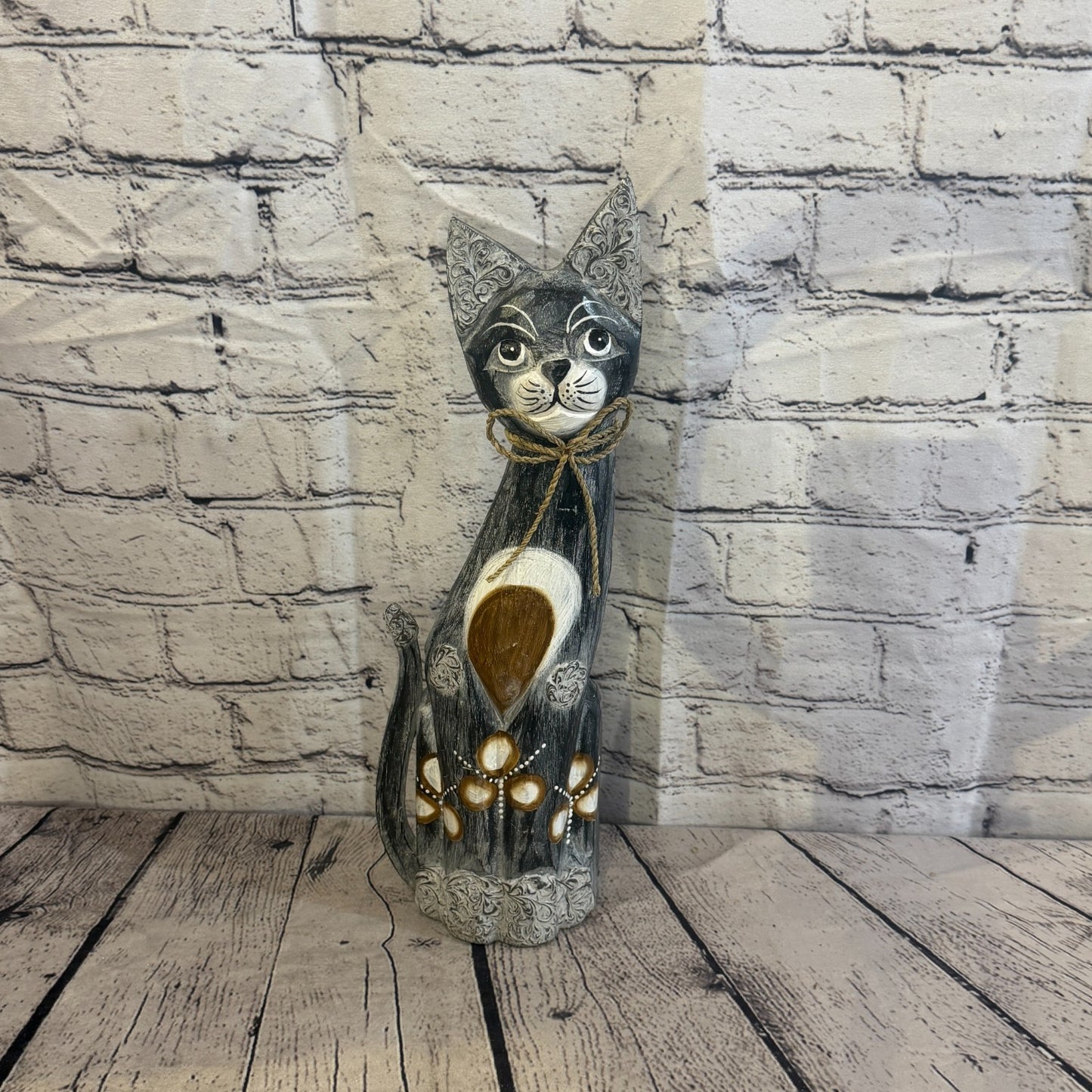 40cm Grey Silver Dots Wooden Shabby Cat Statue Ornament Fair Trade Handcarved0