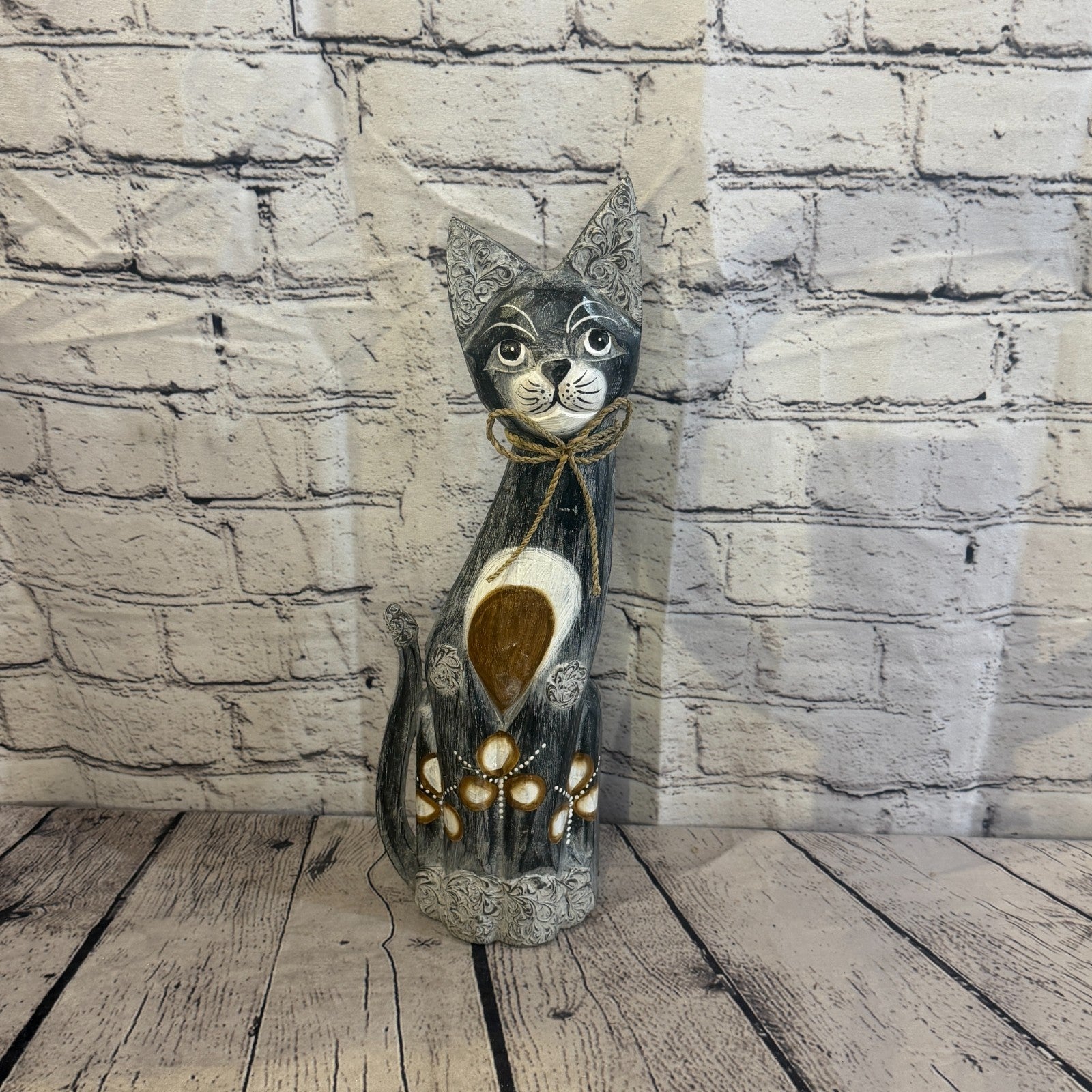 40cm Grey Silver Dots Wooden Shabby Cat Statue Ornament Fair Trade Handcarved0