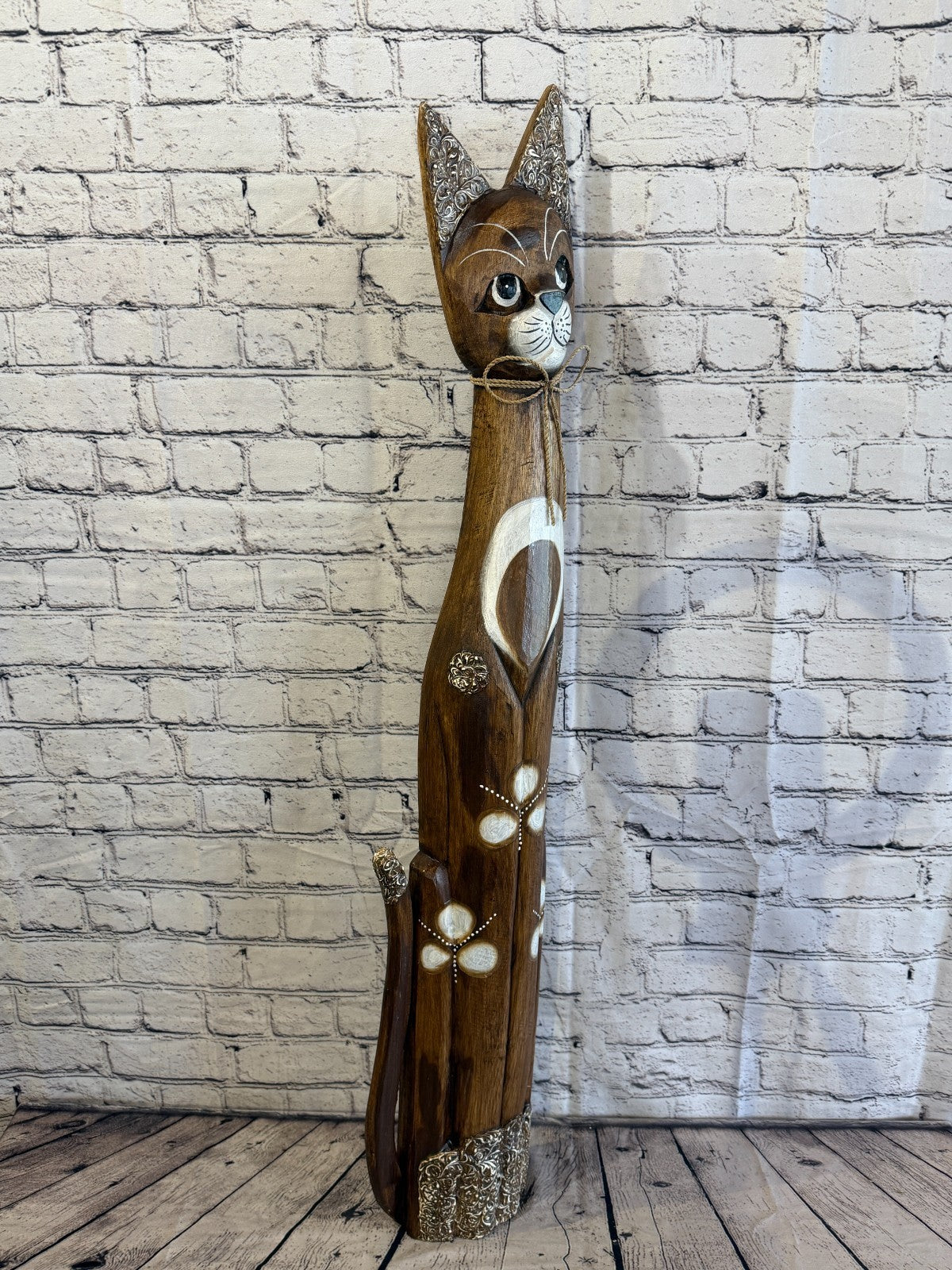 100cm Brown Silver Dots Wooden Shabby Cat Statue Ornament Fair Trade Handcarved2