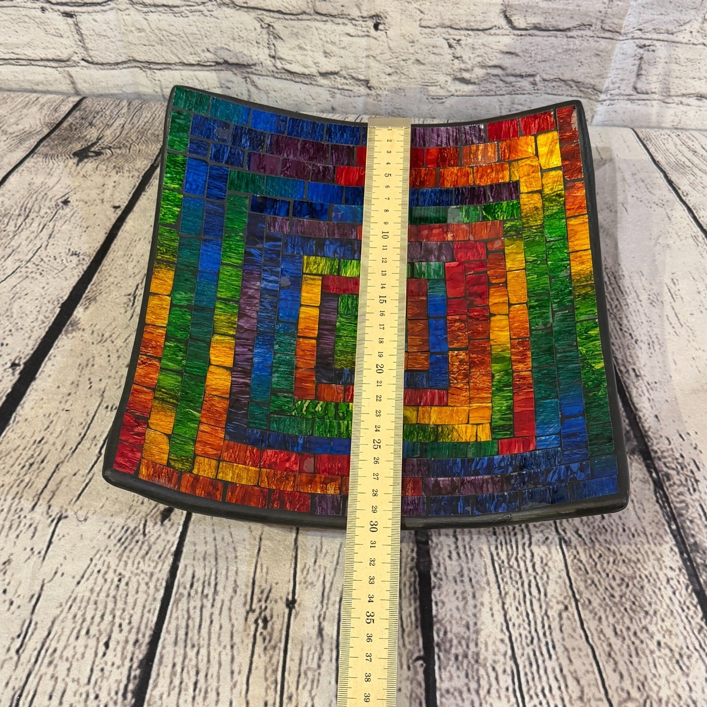 30cm Rainbow Swirl Square Mosaic Handmade Ceramic Glass Tile Bowl Fruit2