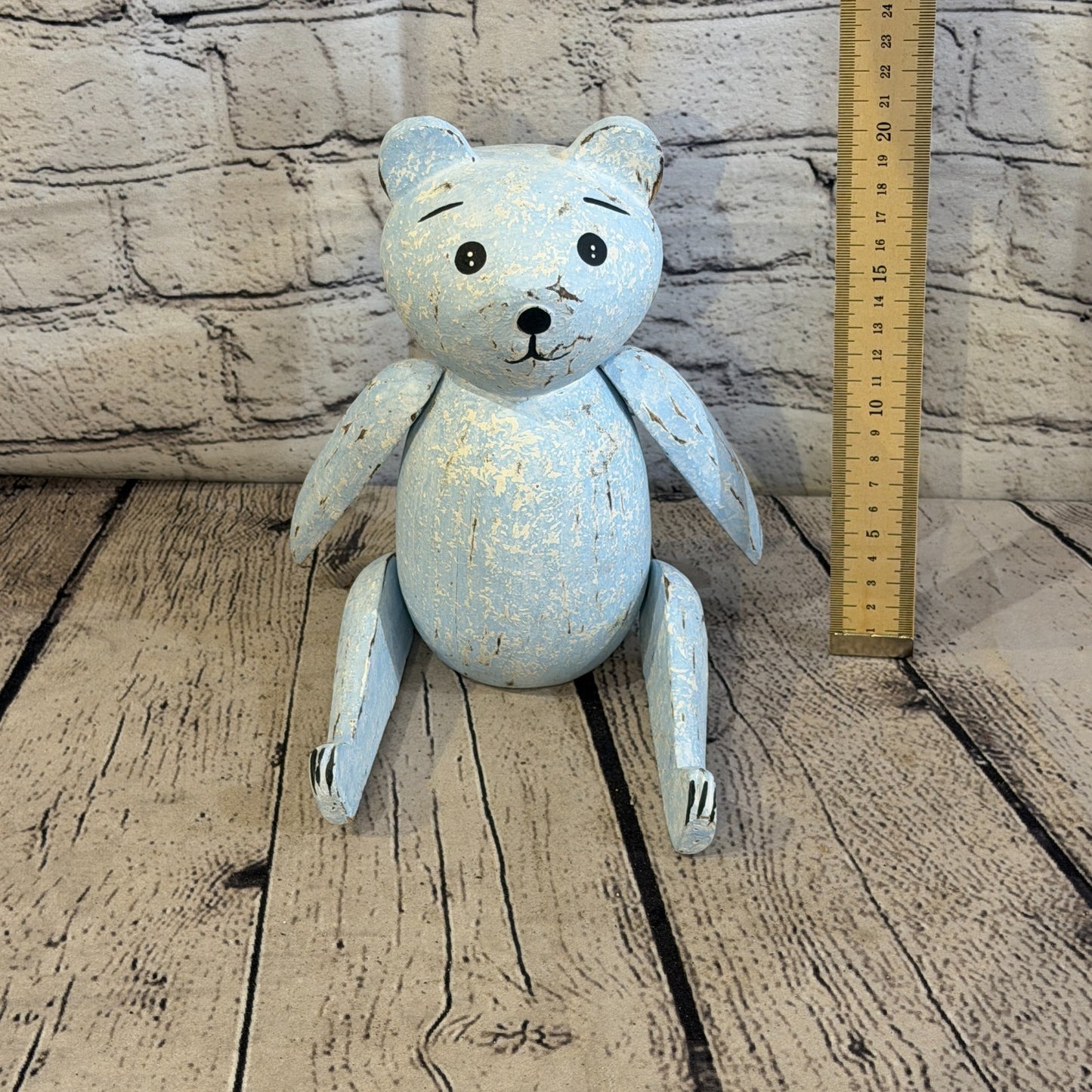 20cm Blue Teddy Bear Sitting Animal, Wooden Shelf Ornament Handmade & Fairtrade5
