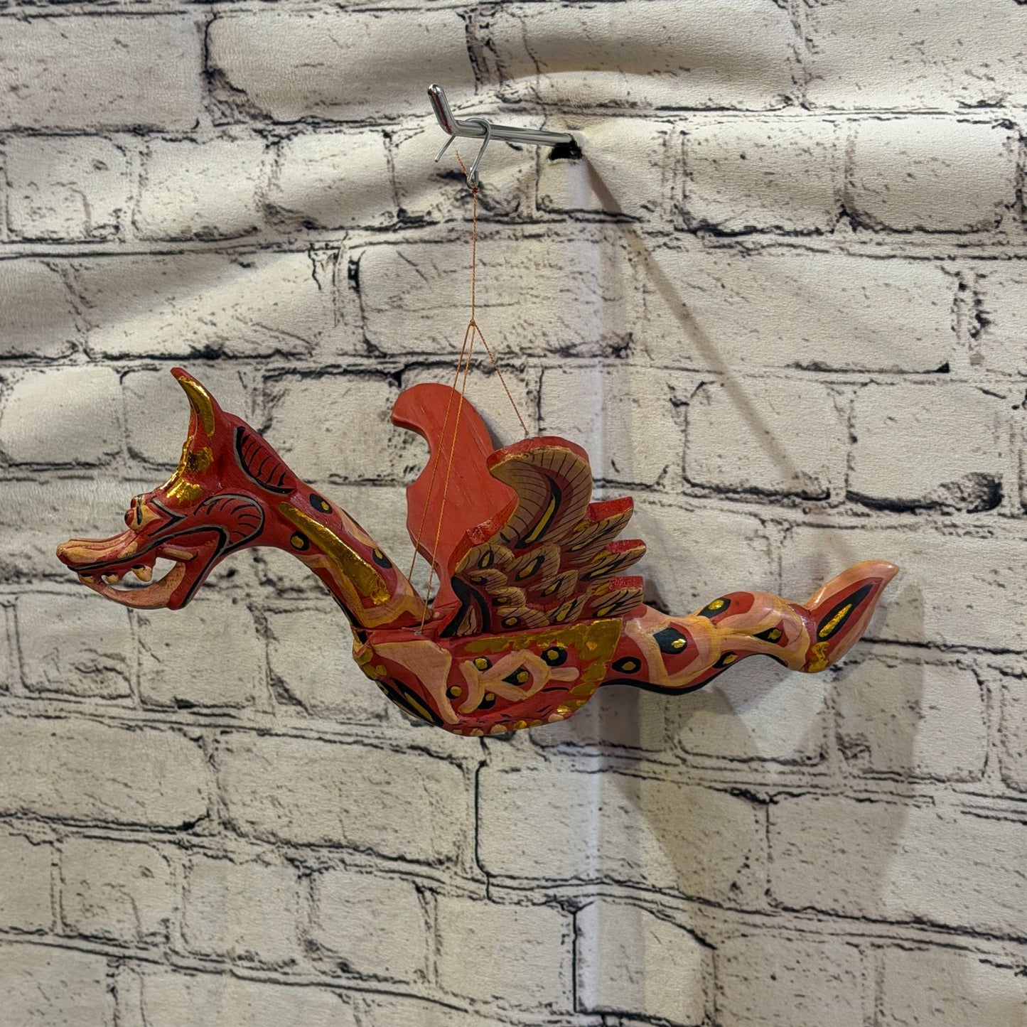 35cm Red Dragon Folk Art Carved Wood Flying Winged Mobile Spirit Guardian0