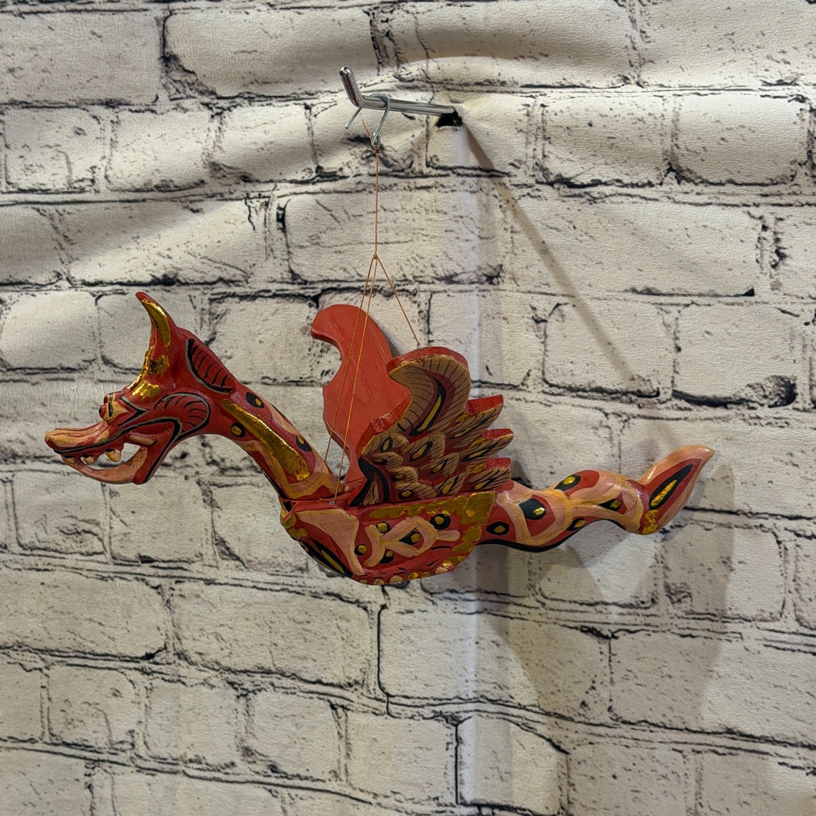 35cm Red Dragon Folk Art Carved Wood Flying Winged Mobile Spirit Guardian0