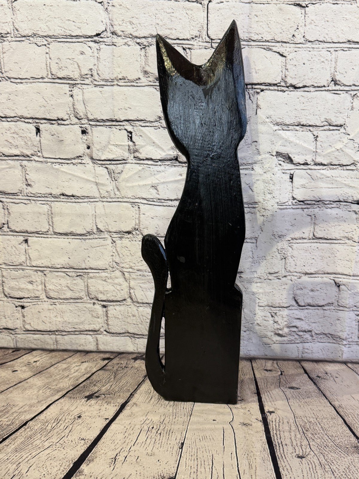 50cm Black Mix Flower Wooden Shabby Cat Statue Ornament Fair Trade Handcarved4