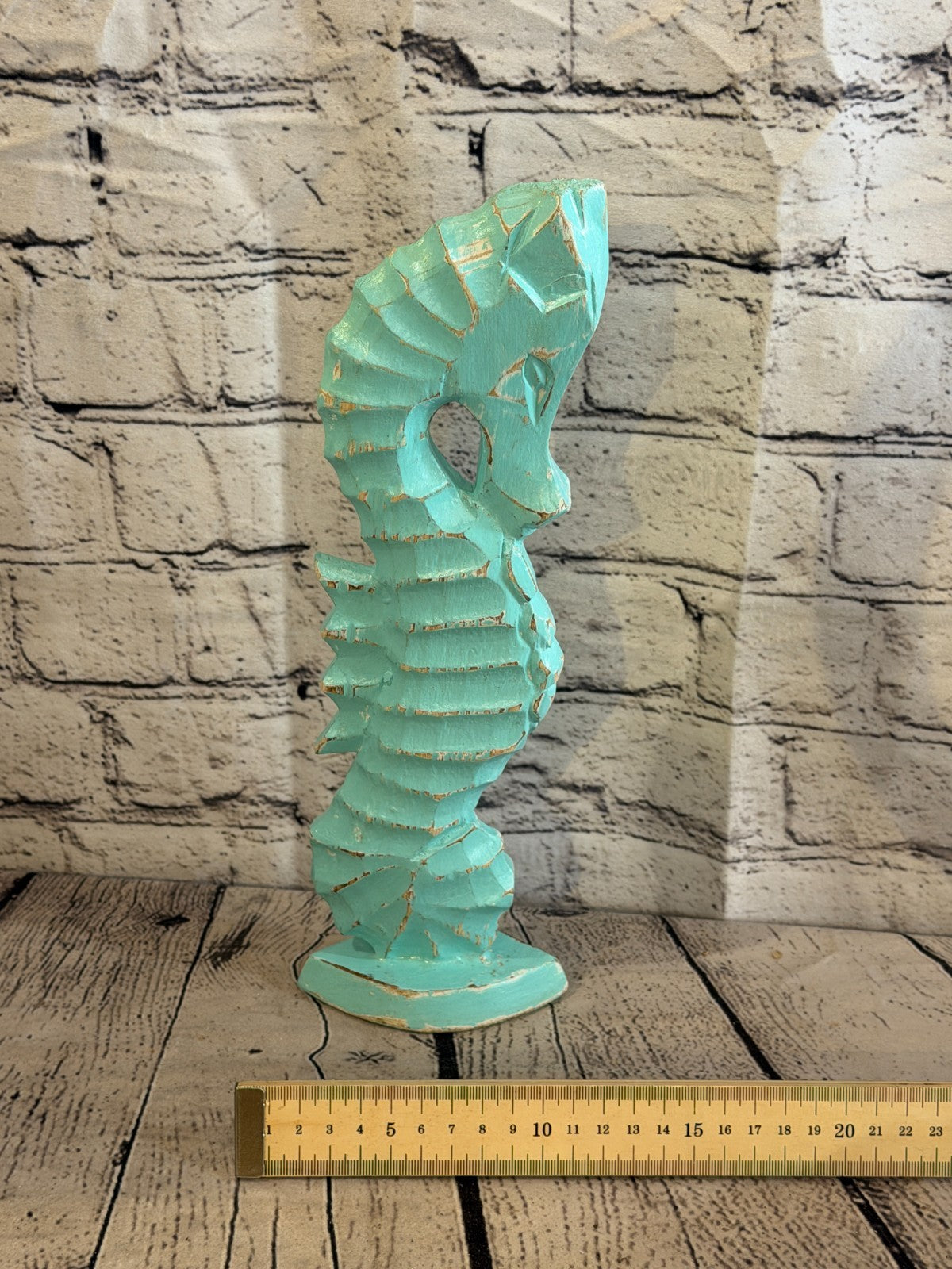 30cm Green Teal Wooden Shabby Seahorse Statue Ornament Fair Trade Handcarved6
