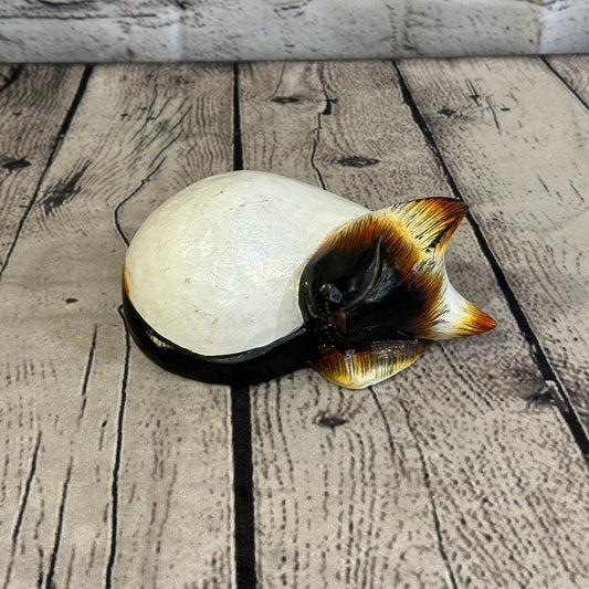 14cm Siamese Style Painted Wooden Hand Carved Snoozing Cat Sleeping Cat Wooden0