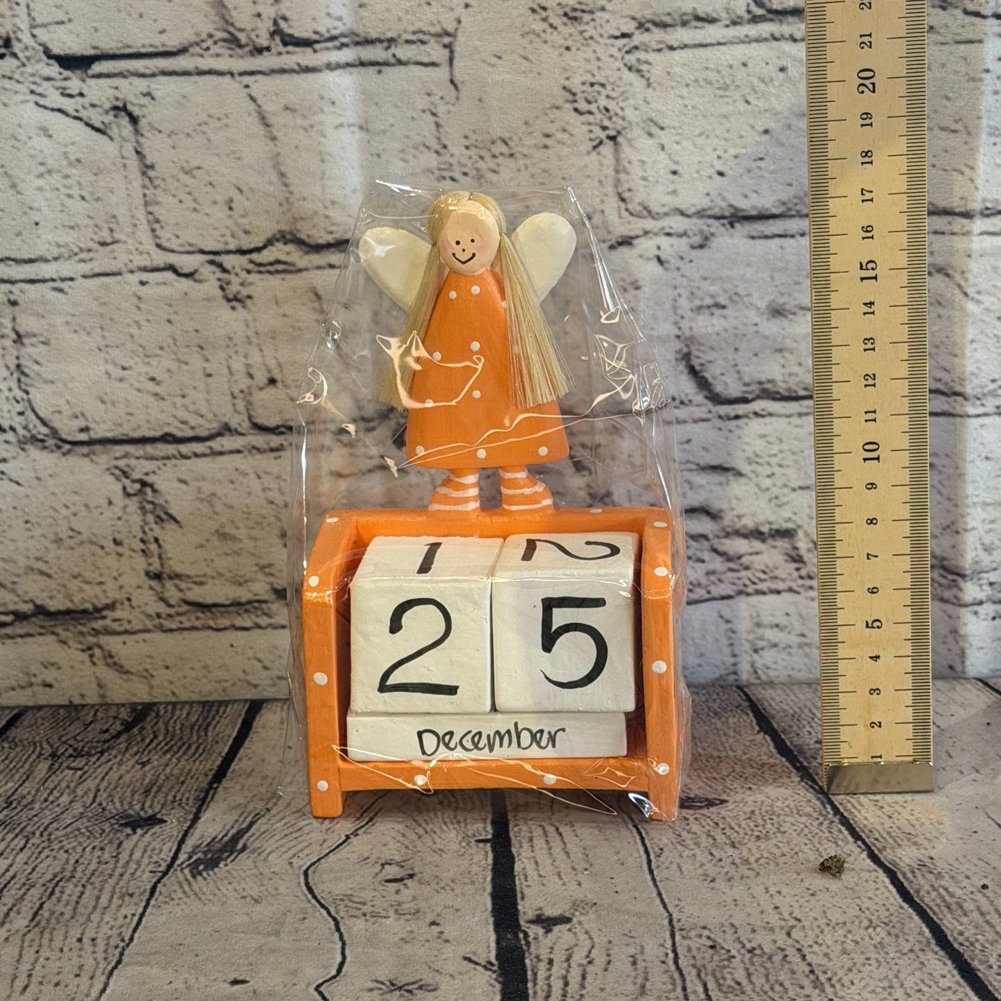15cm Orange Hand Carved Painted Wooden Angel Block Calendar for Desk Display5