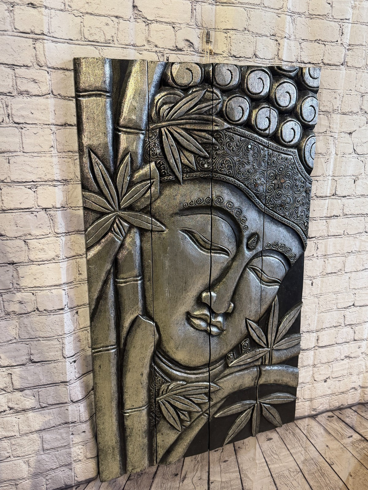 100cm x 60cm Silver Black Buddha Wall Art Plaque Handcarved Wooden Wood Panel0