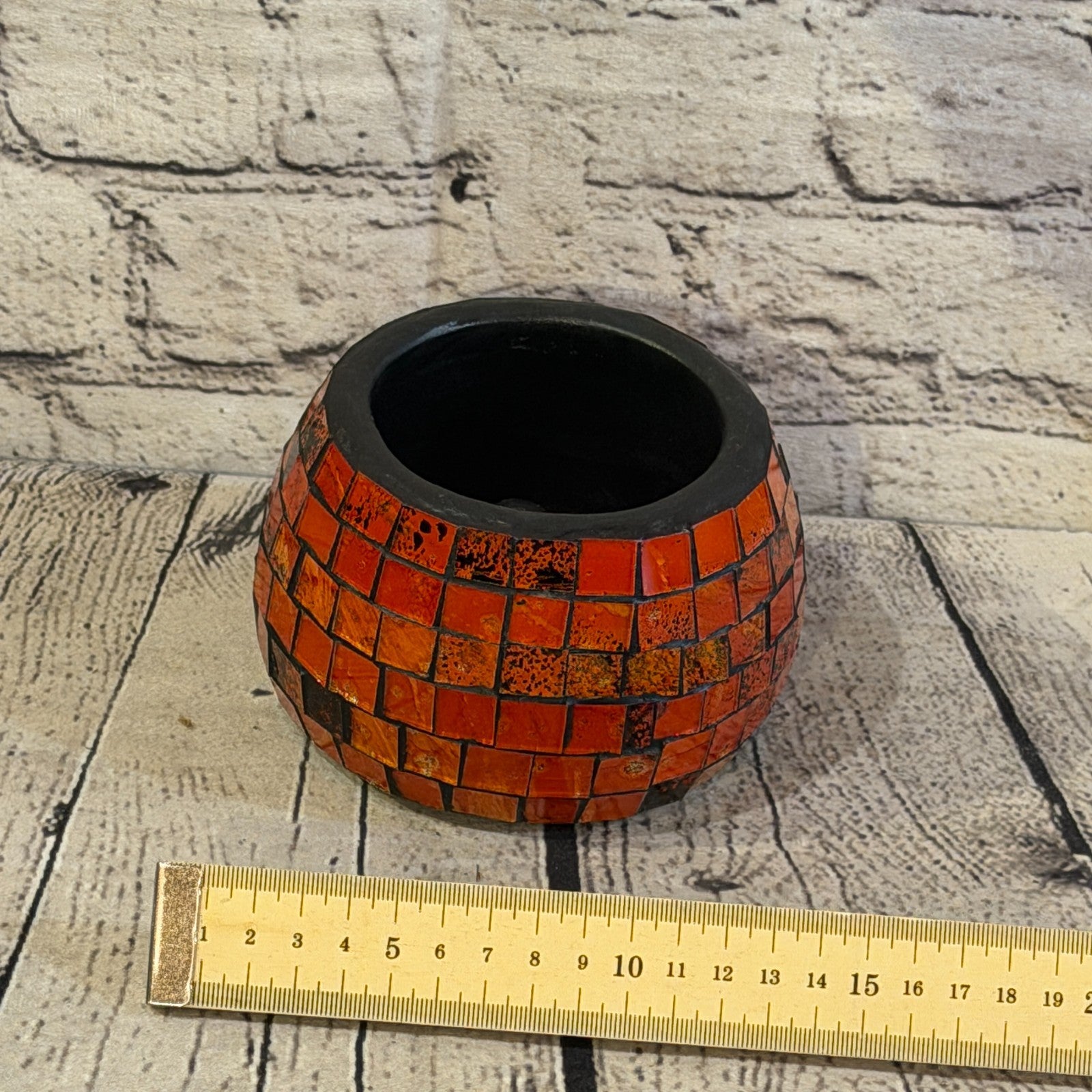 Orange Small Pot 12cm Round Mosaic Pottery Incense Holder Burner Detail1