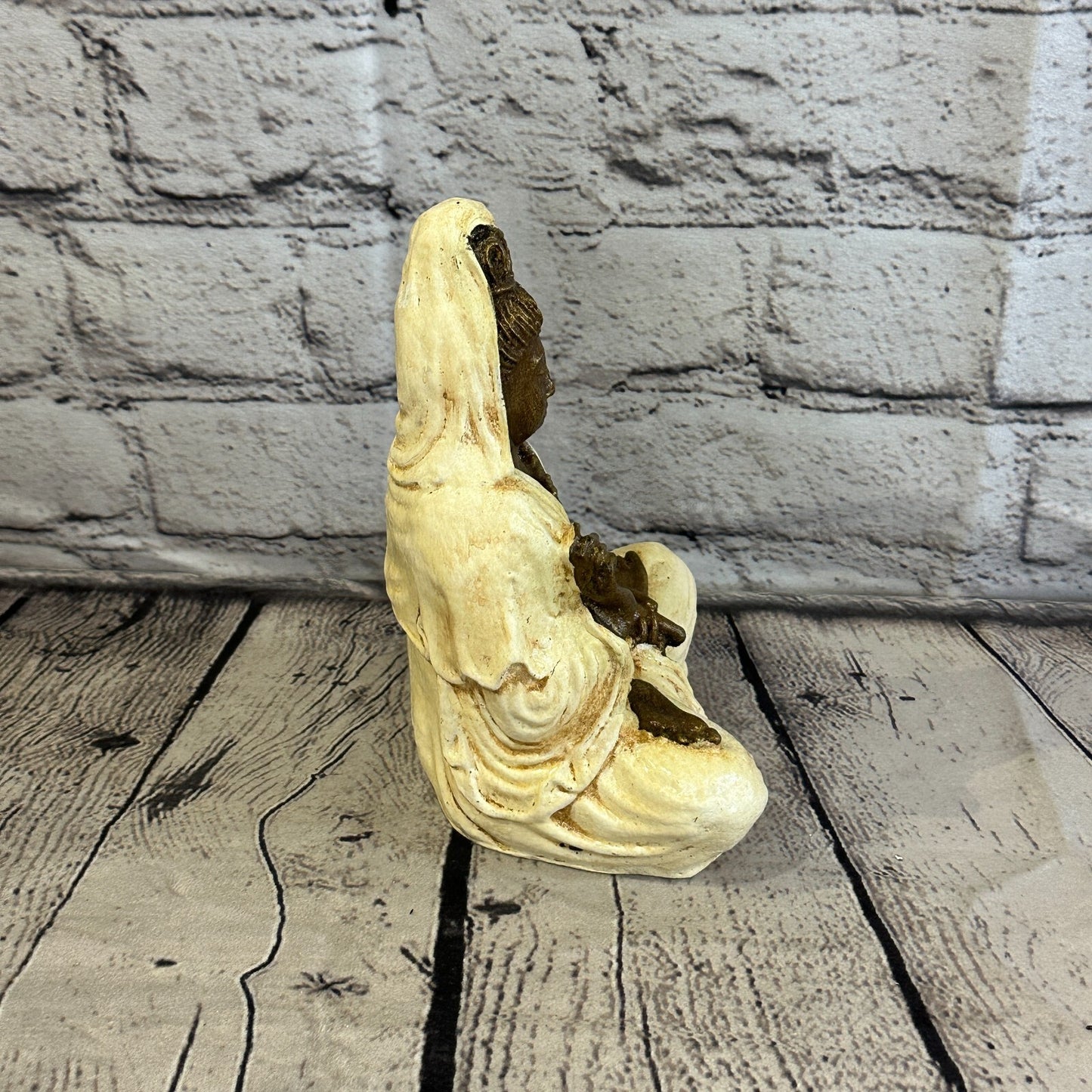 White & Bronze 18cm x 10cm Small Quan Yin Sitting Lotus Statue Resin Hindu God3