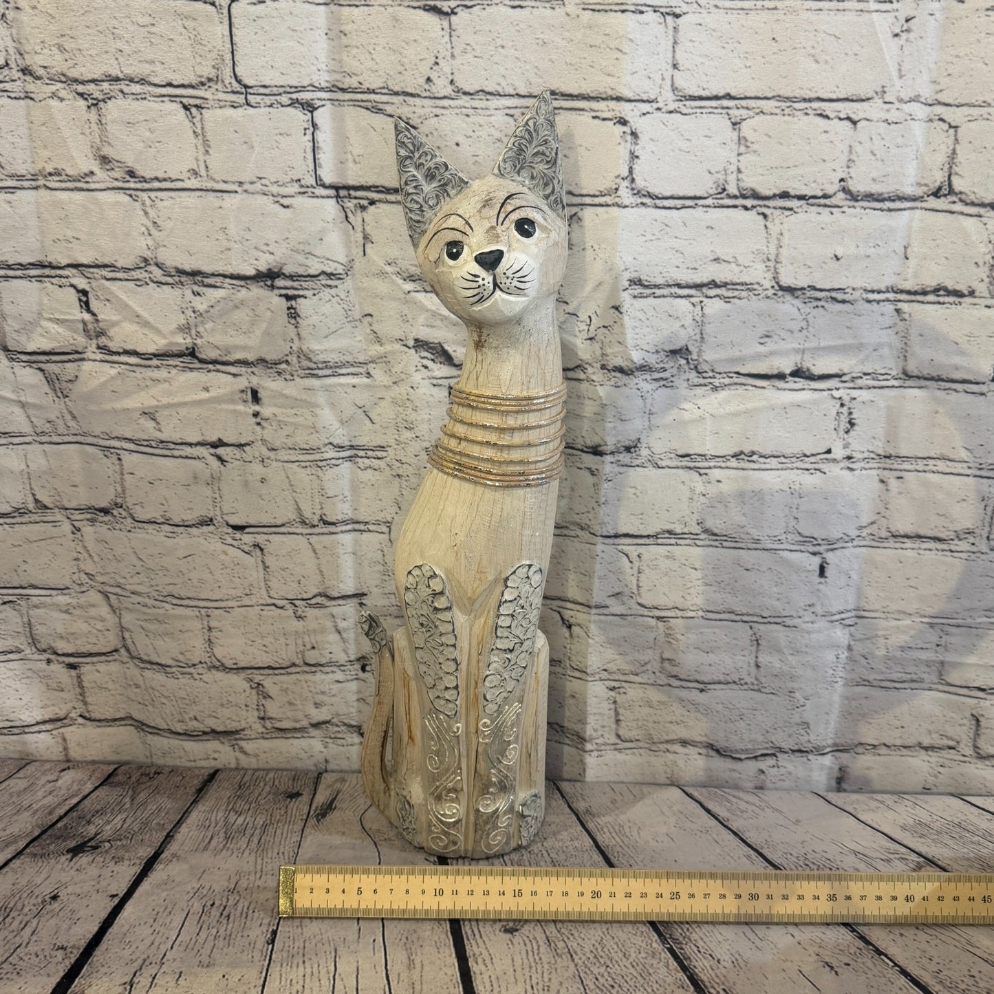 50cm White Silver Dots Wooden Shabby Cat Statue Ornament Fair Trade Handcarved6