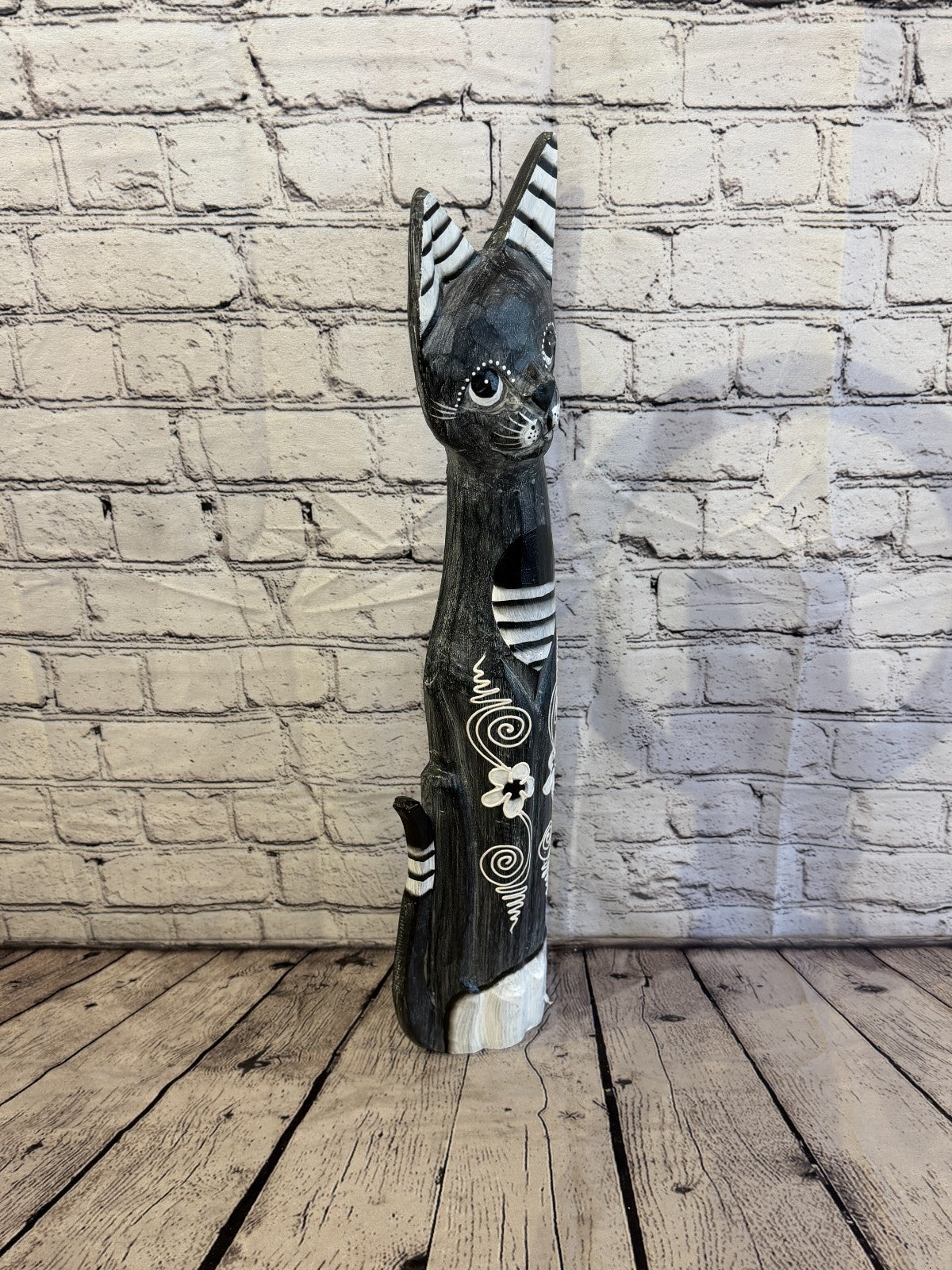 60cm Grey Flower Wooden Shabby Cat Statue Ornament Fair Trade Handcarved2