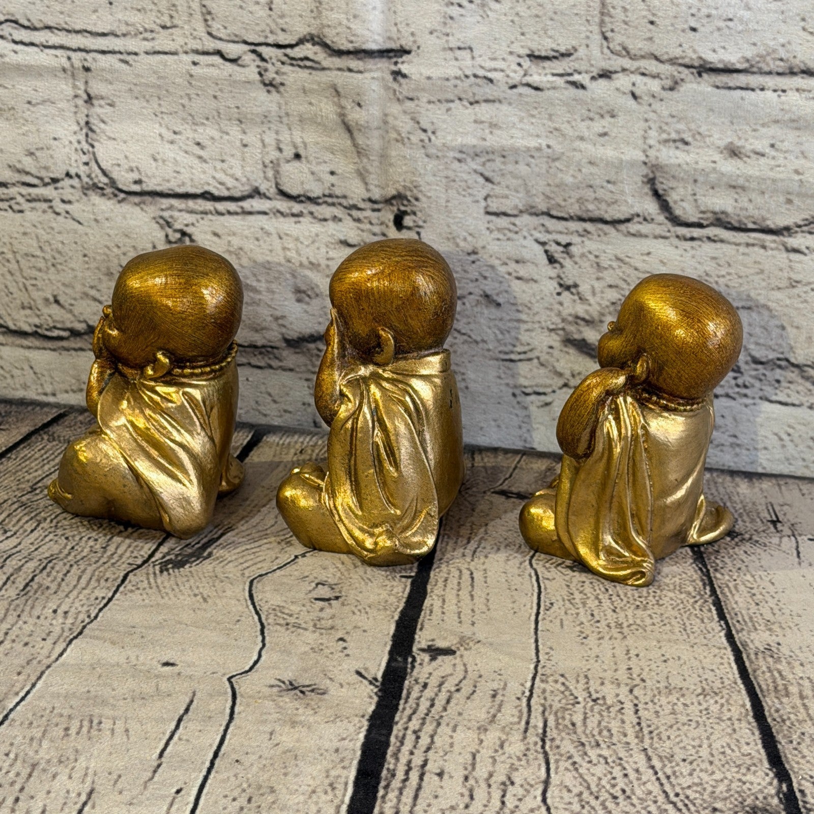 Bronze 10cm Set Of 3 Wise Buddha Monks Sitting On Seat Statue Resin Hindu2