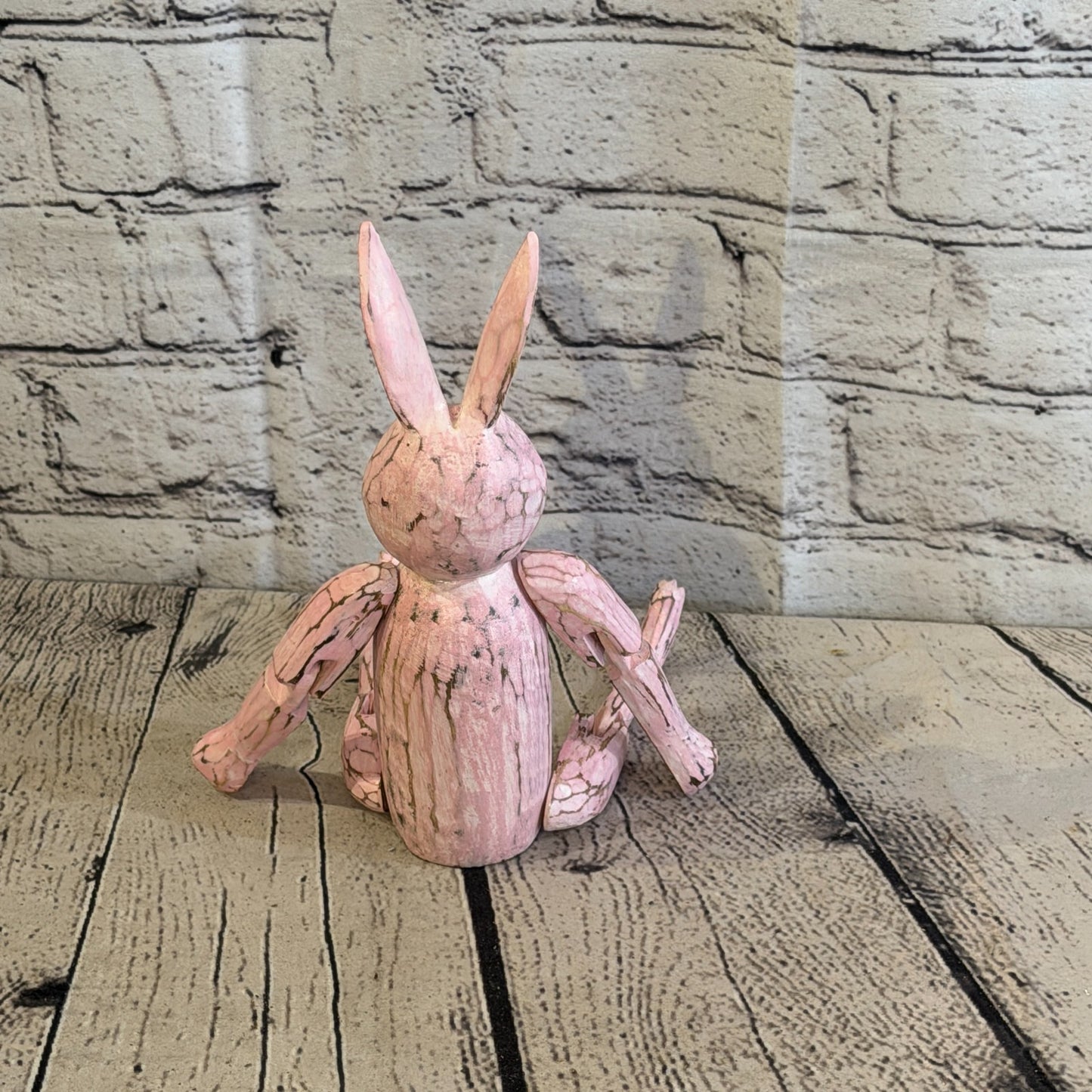 20cm Pink Bunny Rabbit Sitting Animal, Wooden Shelf Ornament Handmade Fairtrade4