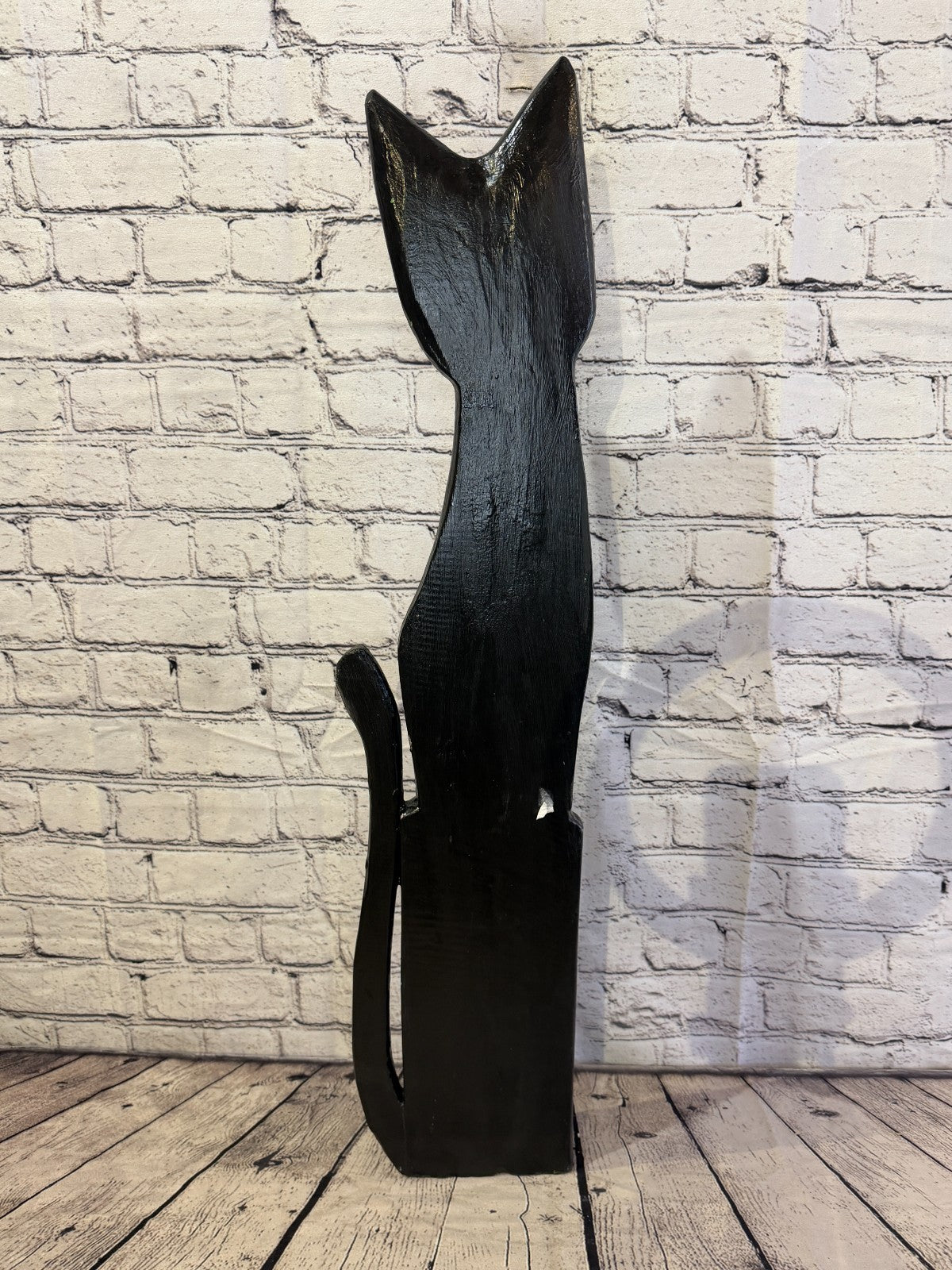 80cm Black Mix Flower Wooden Shabby Cat Statue Ornament Fair Trade Handcarved4