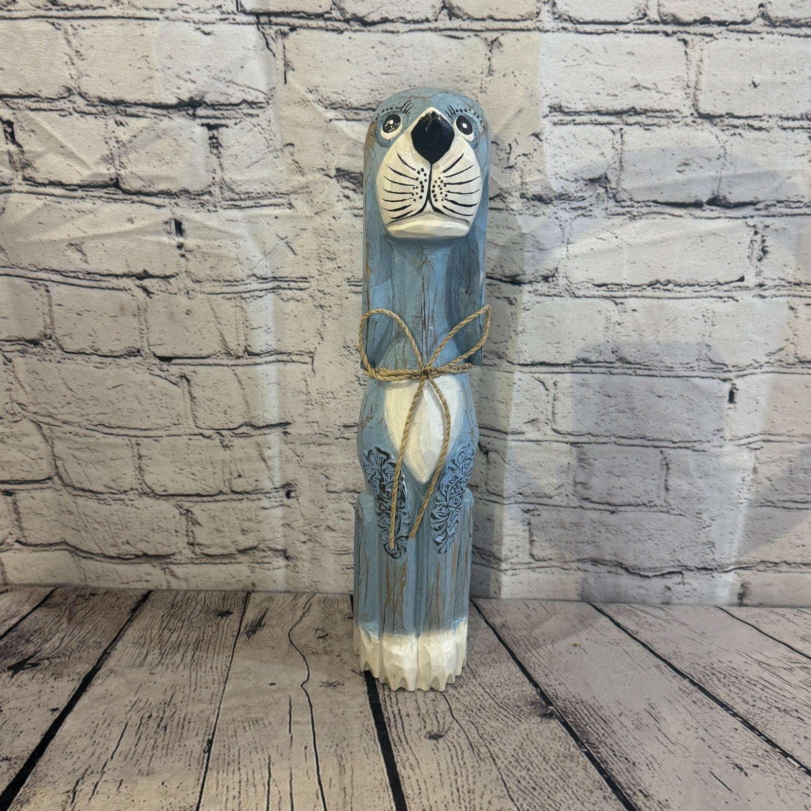 40cm Light Blue Wooden Shabby Dog Statue Ornament Fair Trade Handcarved1