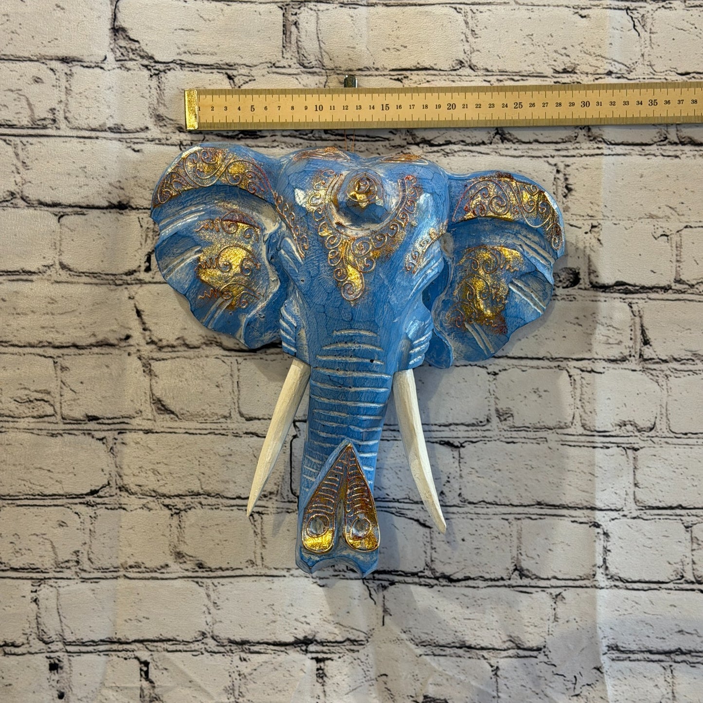 30cm x 30cm Blue Gold Painted Wood Elephant Head Wall Mounted Art Shabby3