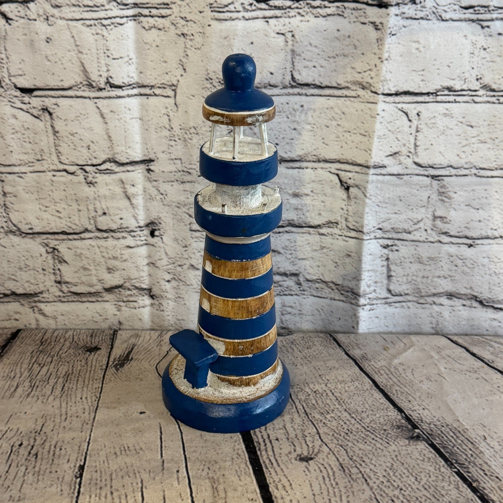 25cm Blue White Wooden Lighthouse Detailed Ornament Nautical Coastal Sculpture0