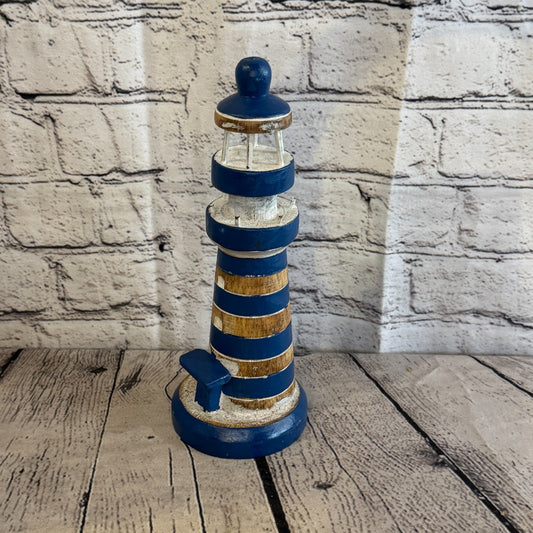 25cm Blue White Wooden Lighthouse Detailed Ornament Nautical Coastal Sculpture0