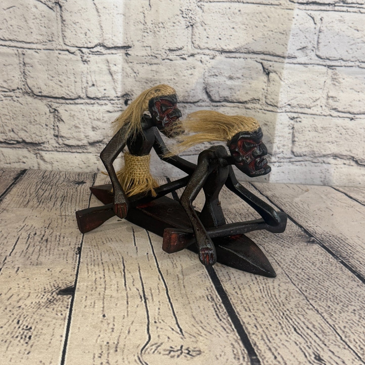 15cm Couple Kayaking African Tribal Warrior Man Figure Statue Wood Hand Carved2