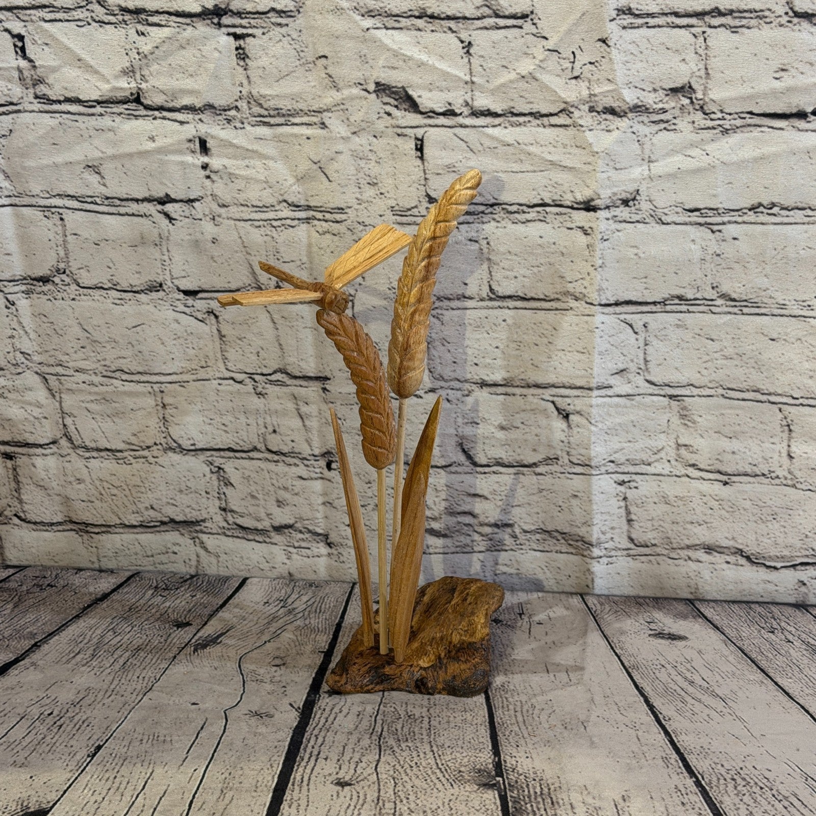 35cm Dragonfly Wheat Reeds Stand Parasite Wood Ornament Natural Carving Wooden0