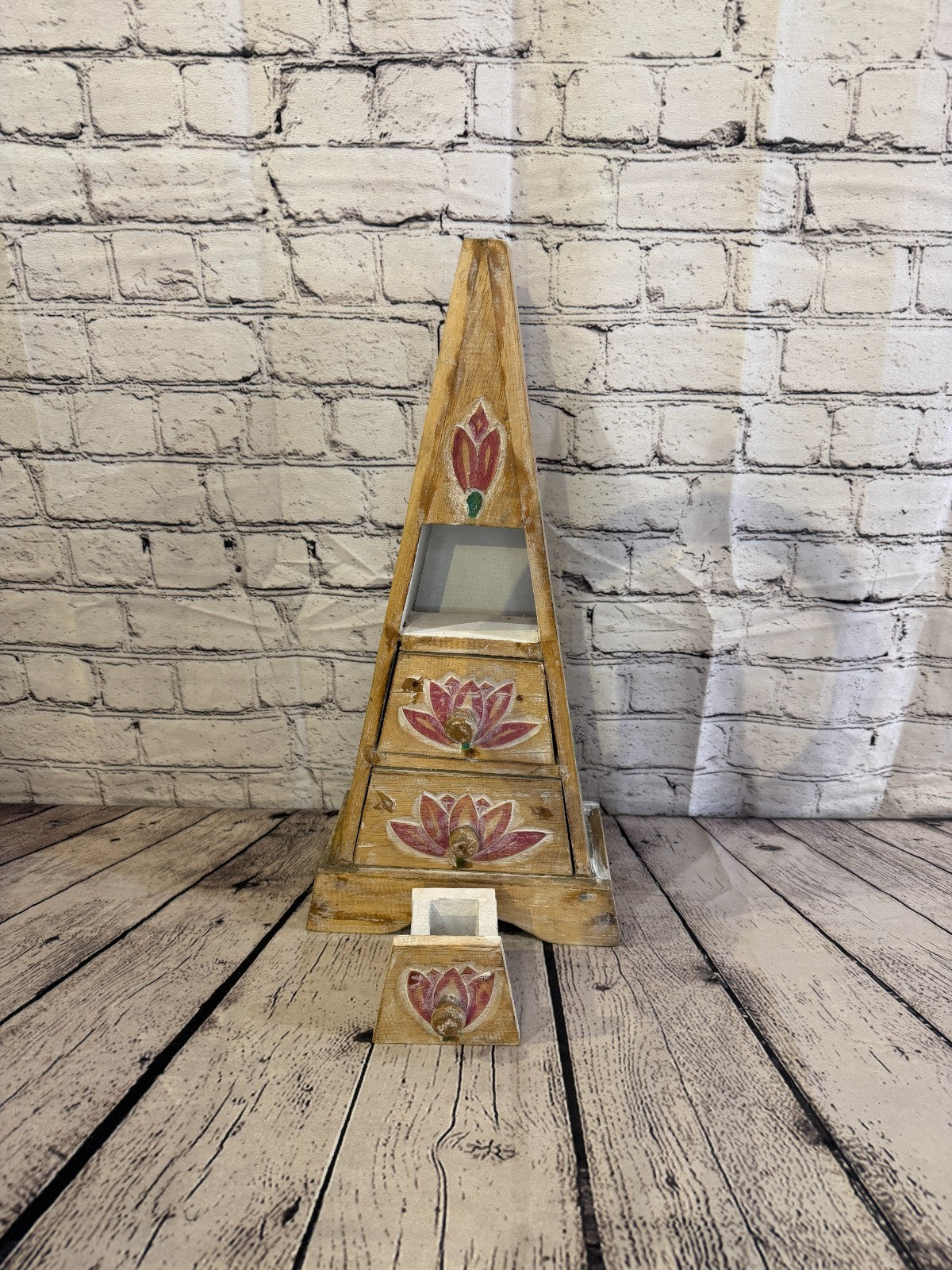 50cm x 22cm Flower 3 Draw Pyramid Wooden Side Cabinet Living Storage Furniture5