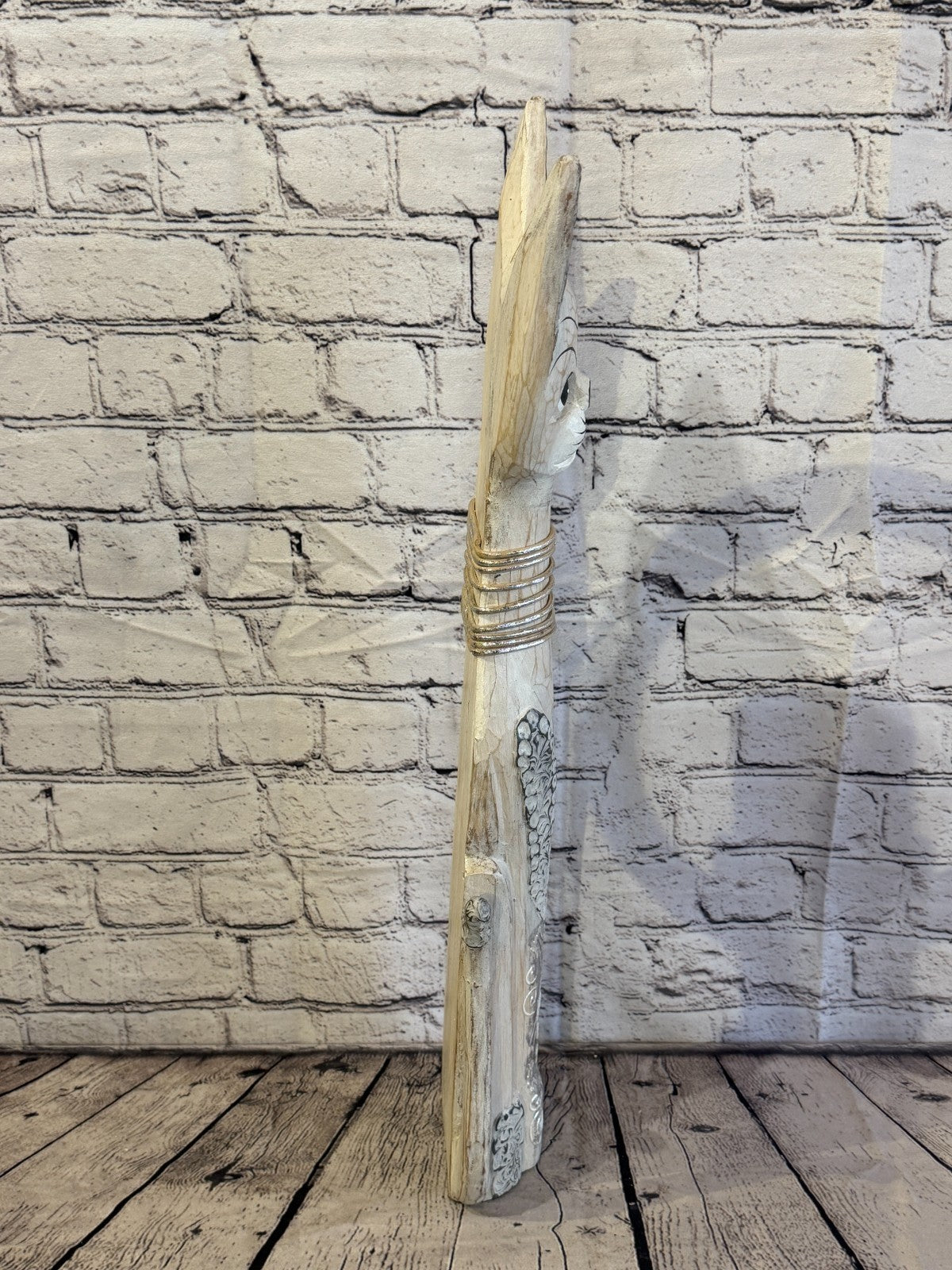 60cm White Silver Dots Wooden Shabby Cat Statue Ornament Fair Trade Handcarved3