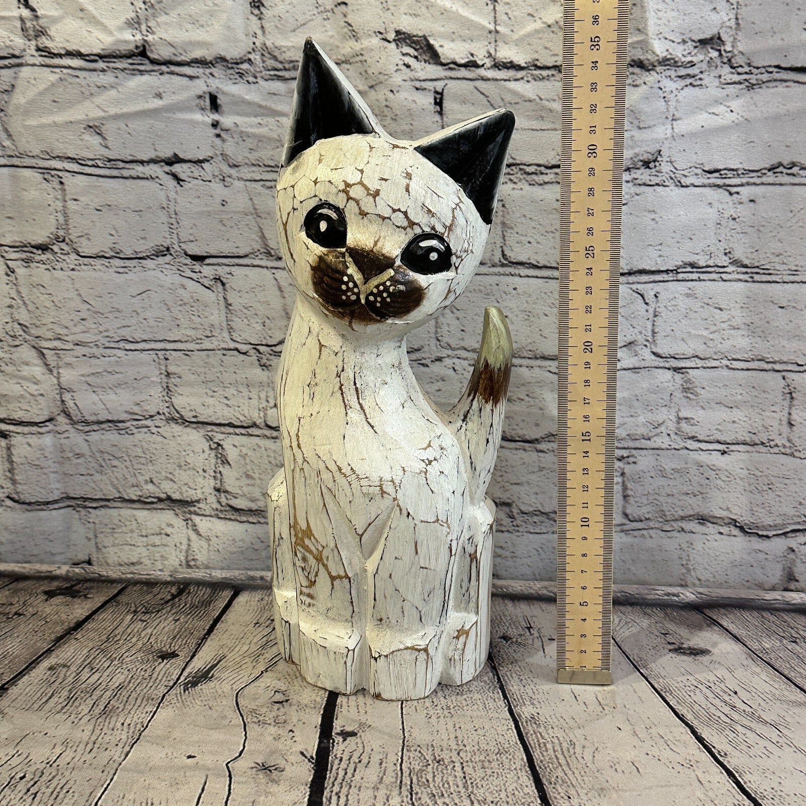 35cm x 15cm White Flower Wooden Shabby Cat Statue Ornament Fair Trade Handcarved6