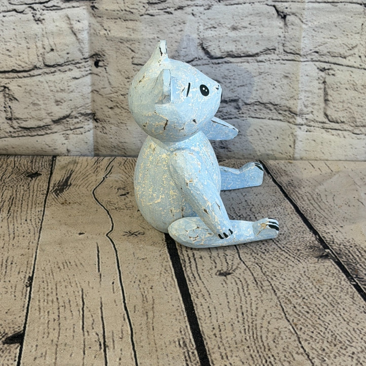 15cm Blue Teddy Bear Sitting Animal, Wooden Shelf Ornament Handmade & Fairtrade3