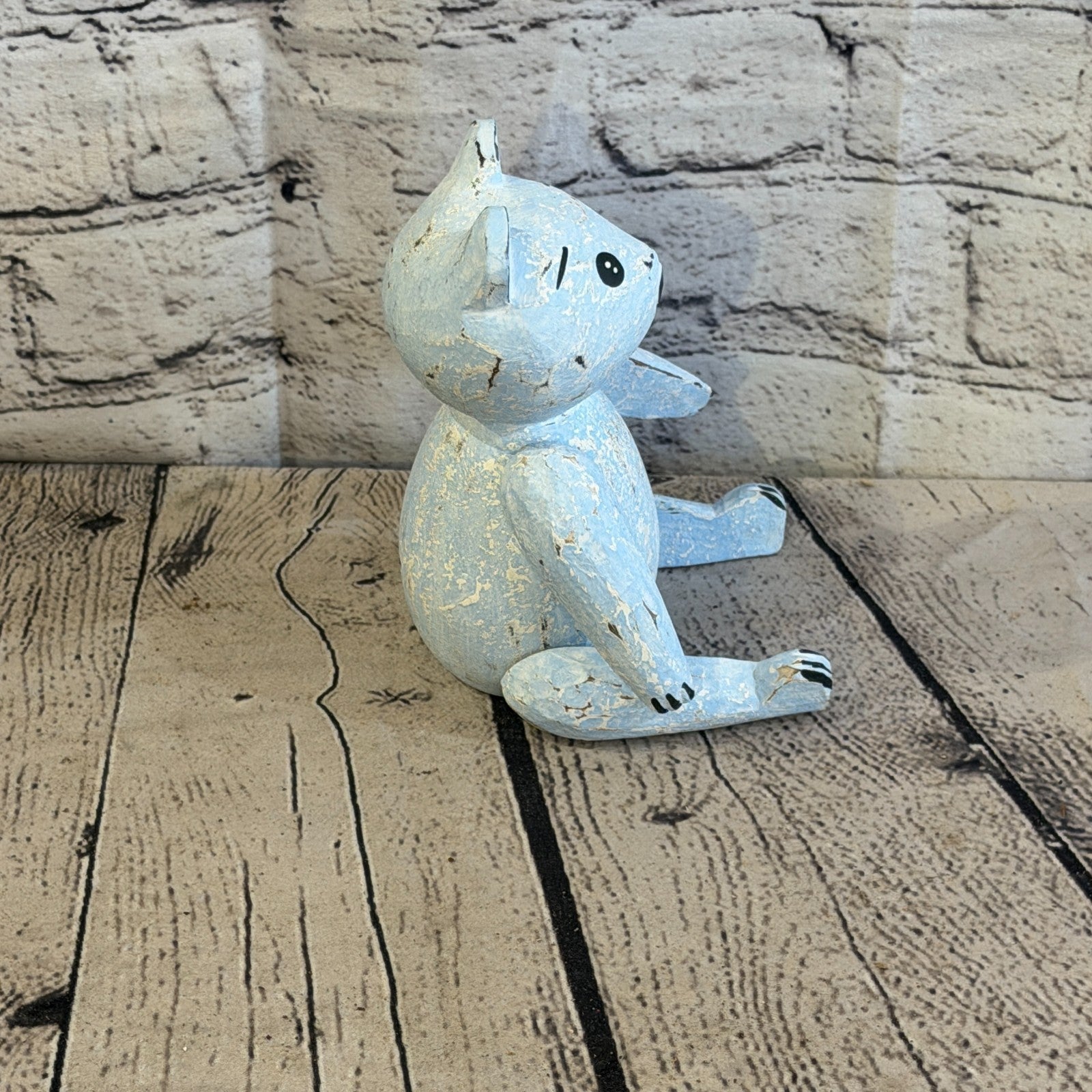 15cm Blue Teddy Bear Sitting Animal, Wooden Shelf Ornament Handmade & Fairtrade3
