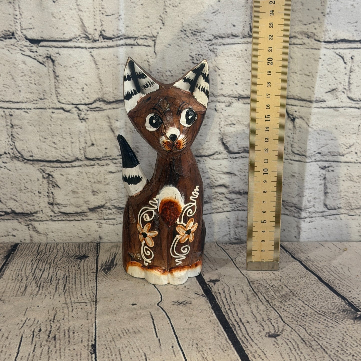 20cm Brown Flower Wooden Shabby Cat Statue Ornament Fair Trade Handcarved5
