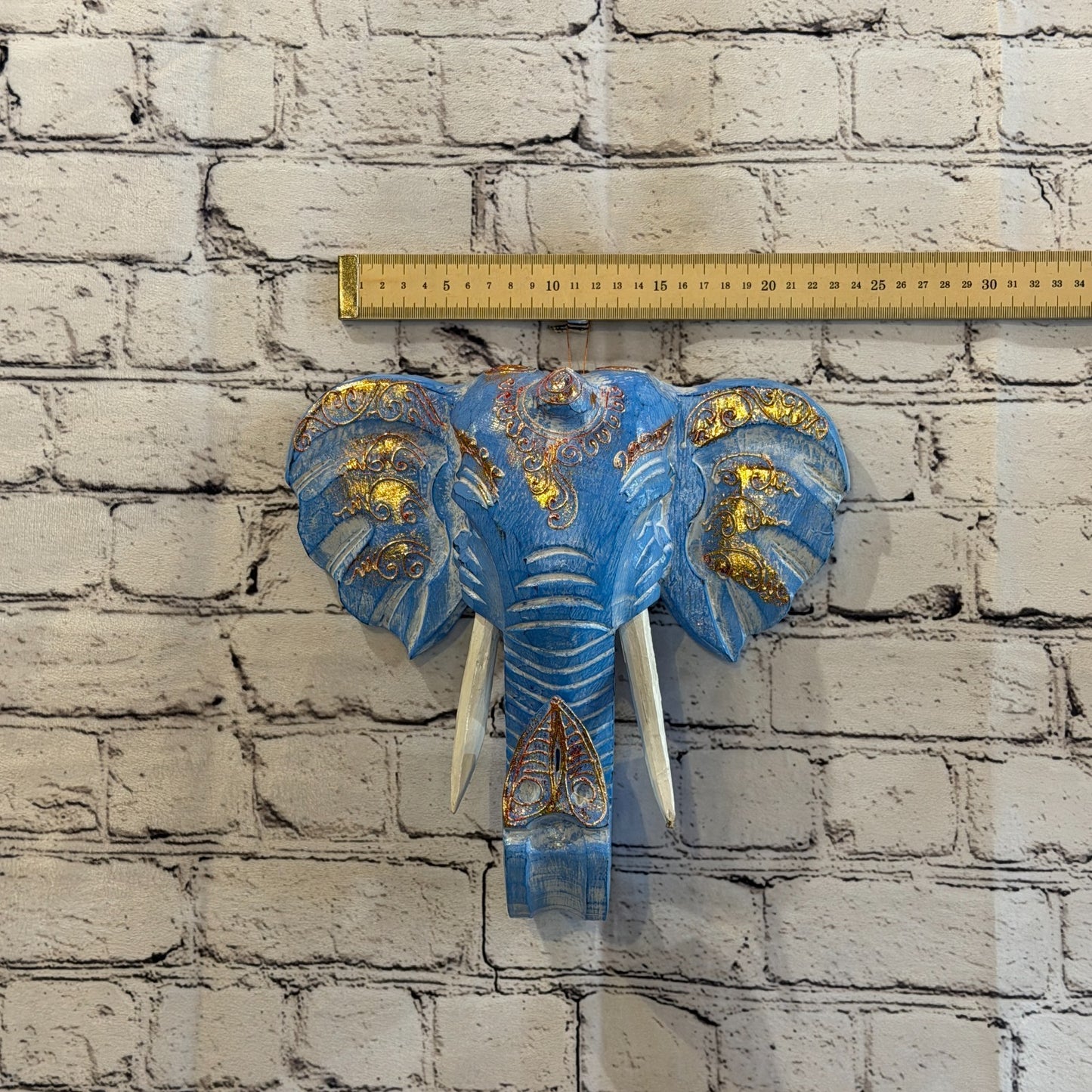 25cm x 25cm Blue Gold Painted Wood Elephant Head Wall Mounted Art Shabby3