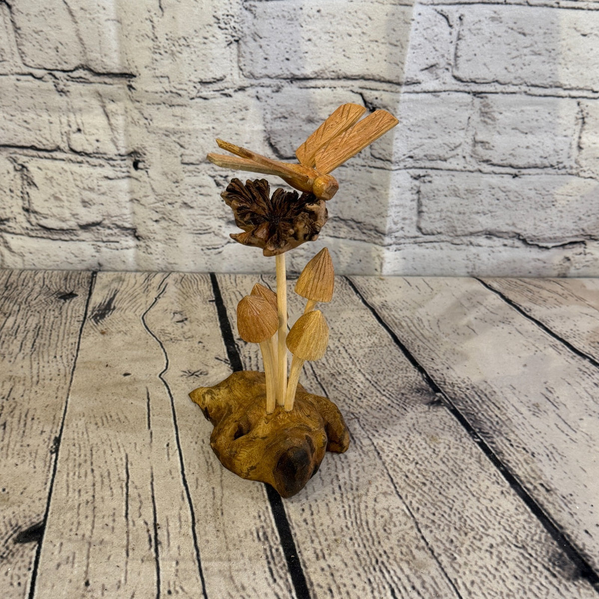Dragonfly Mushroom Stand Parasite Wood Ornament Natural Carving Wooden Standing2