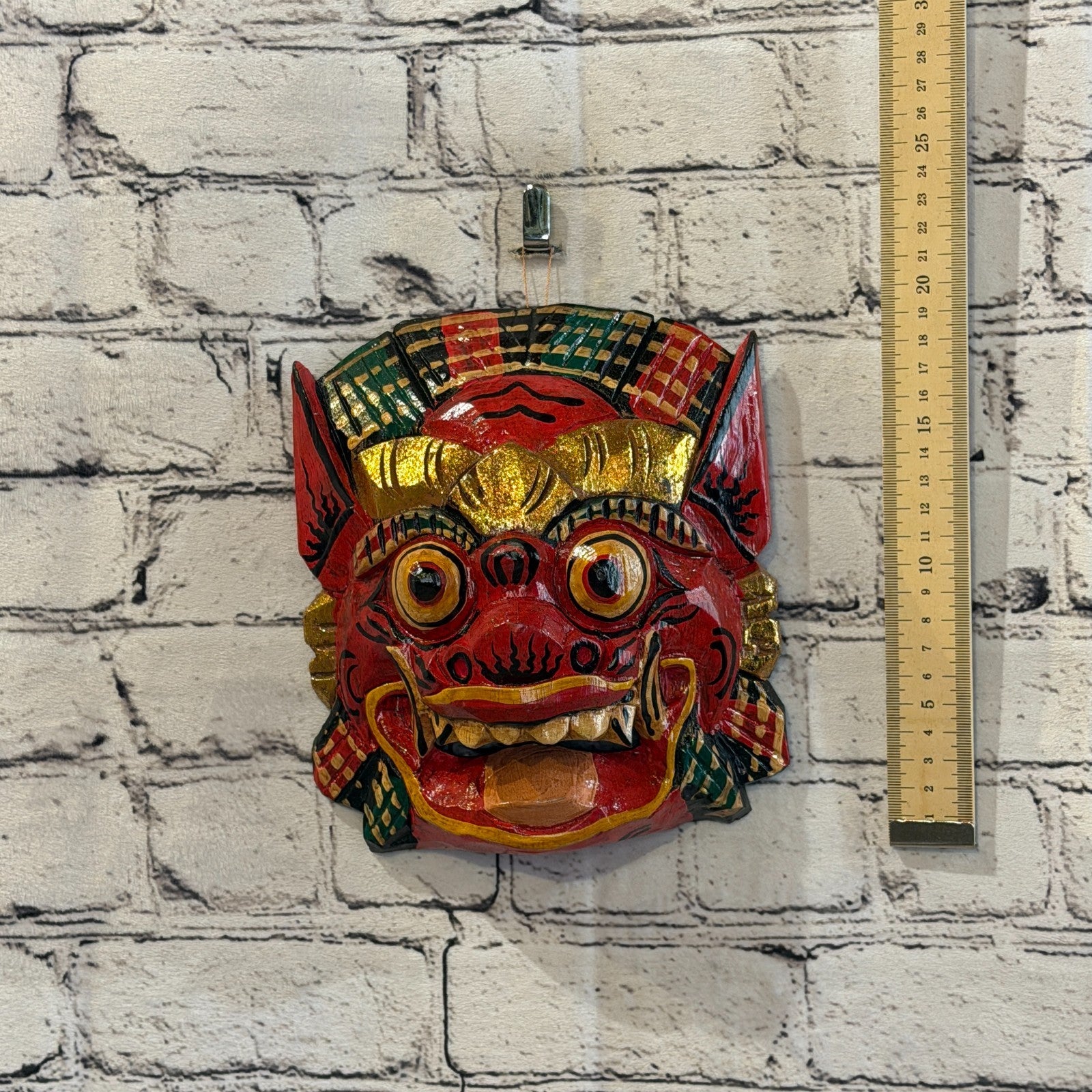 Large Wooden Red Barong Wall Mask 20cm x 20cm Handmade And Fairtrade Hindu4