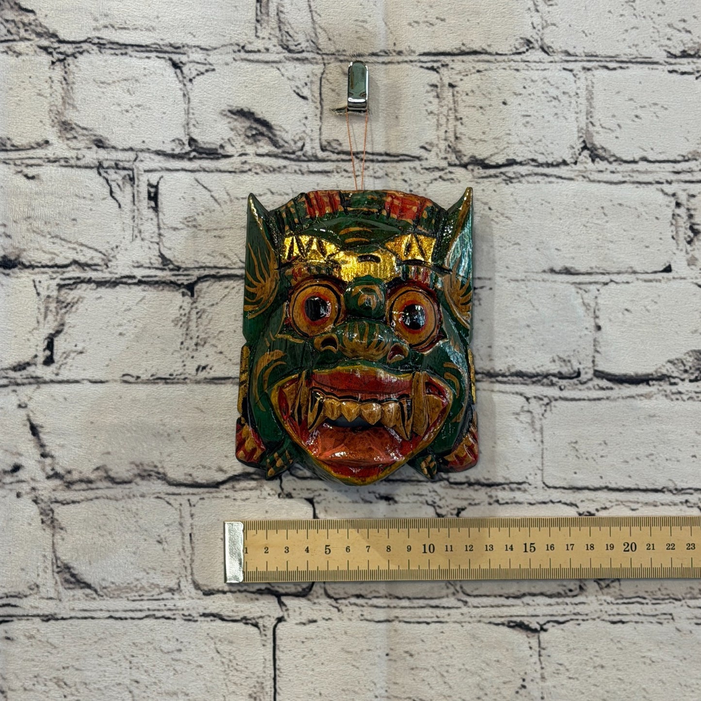 Small Wooden Green Barong Wall Mask 12cm x 12cm Handmade And Fairtrade Hindu3