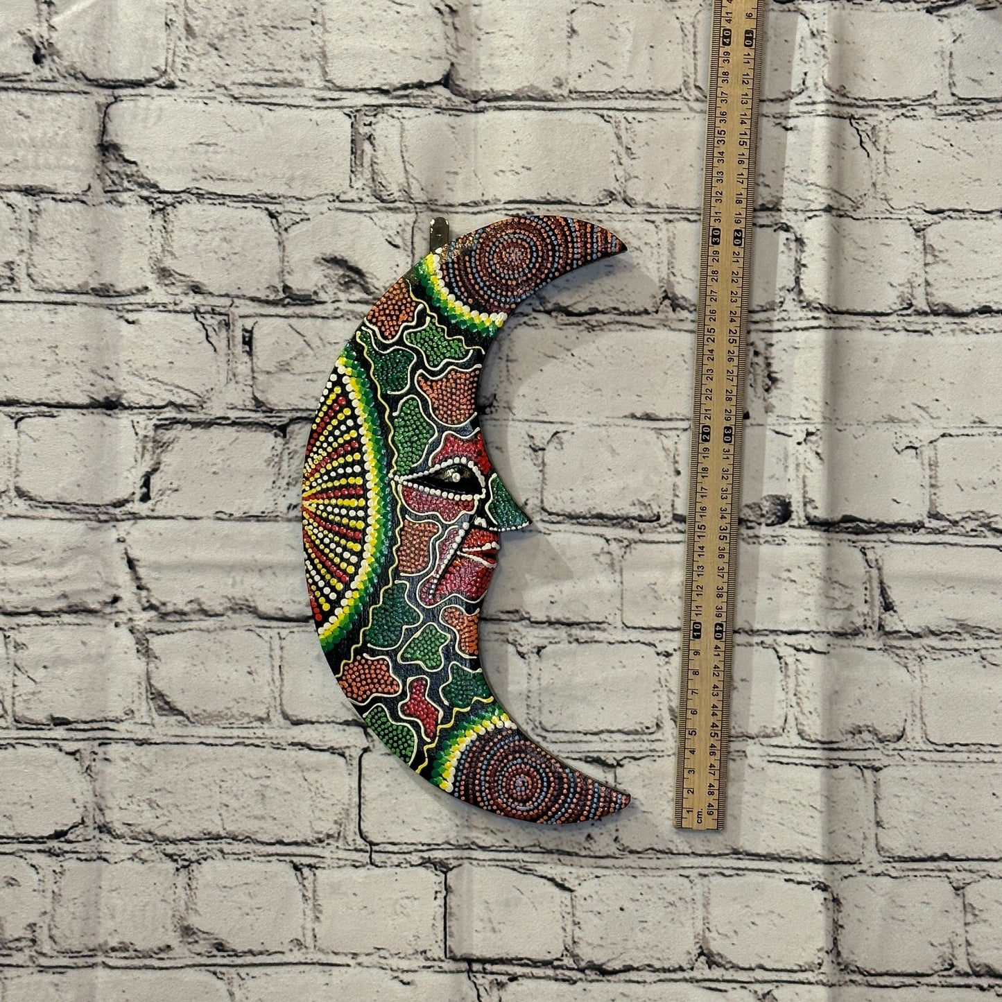 30cm Crescent Moon Carved Wooden Dot Painted Ethnic Tribal Tiki Wall Art No 14