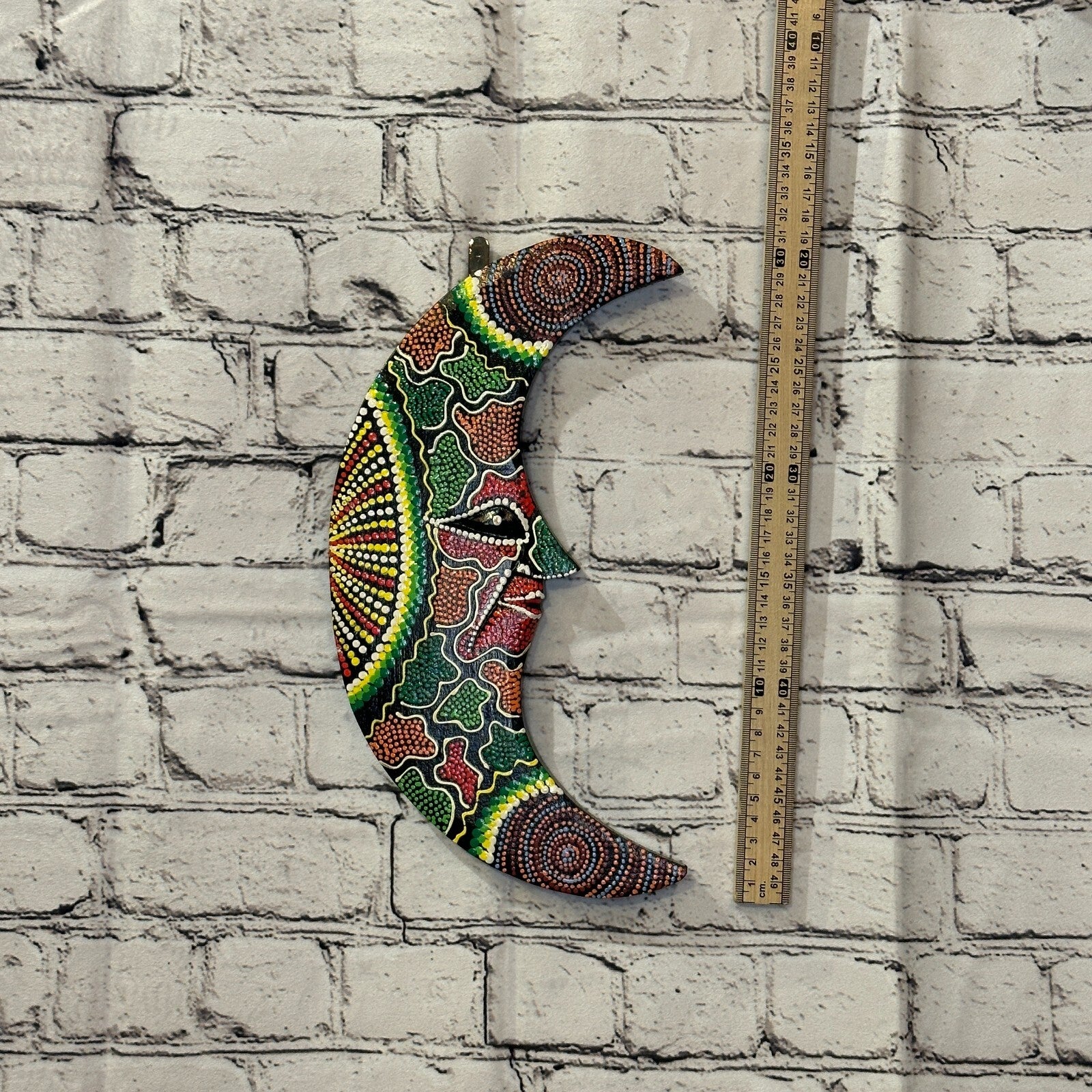 30cm Crescent Moon Carved Wooden Dot Painted Ethnic Tribal Tiki Wall Art No 14