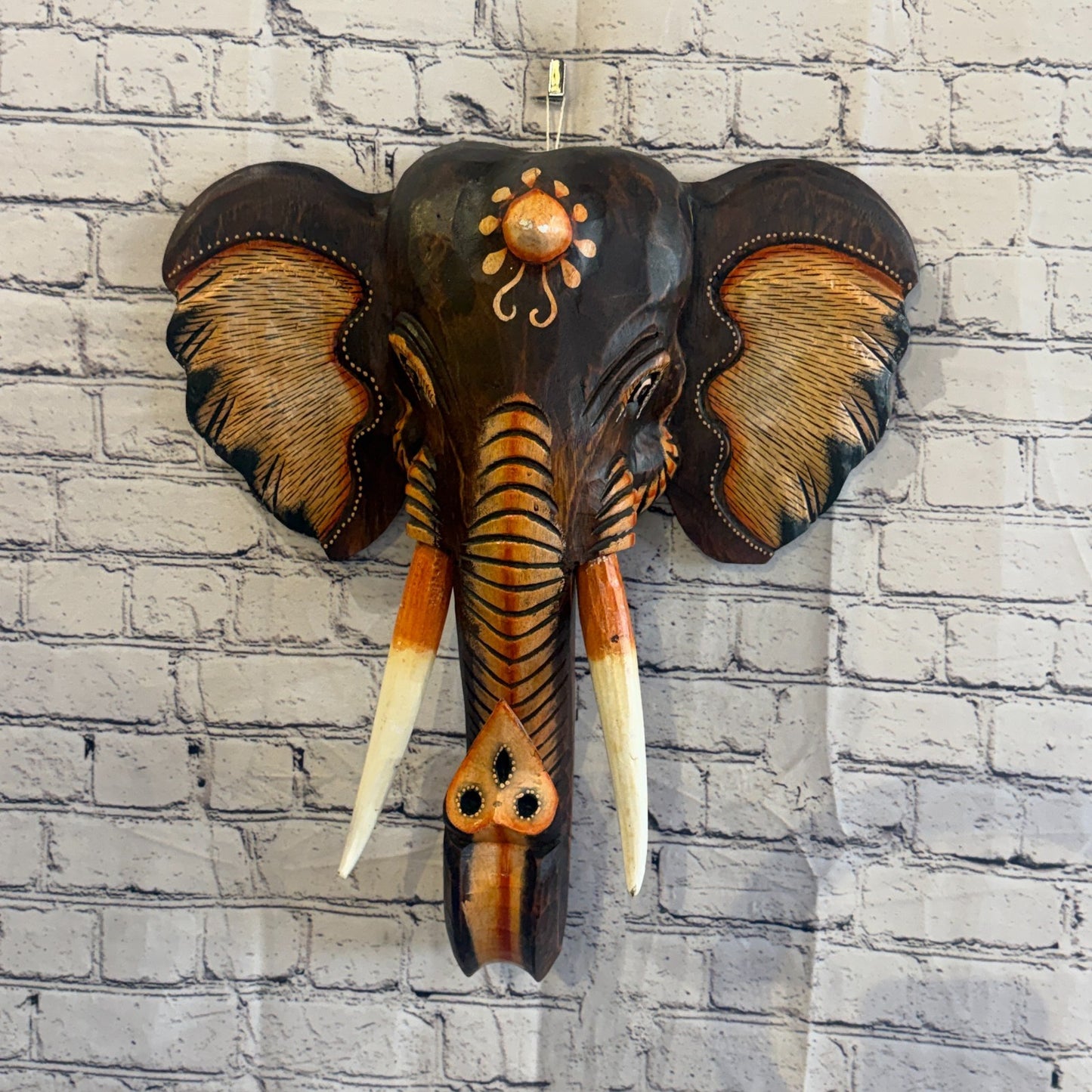 50cm x 45cm Brown Light Painted Wood Elephant Head Wall Mounted Art Shabby2