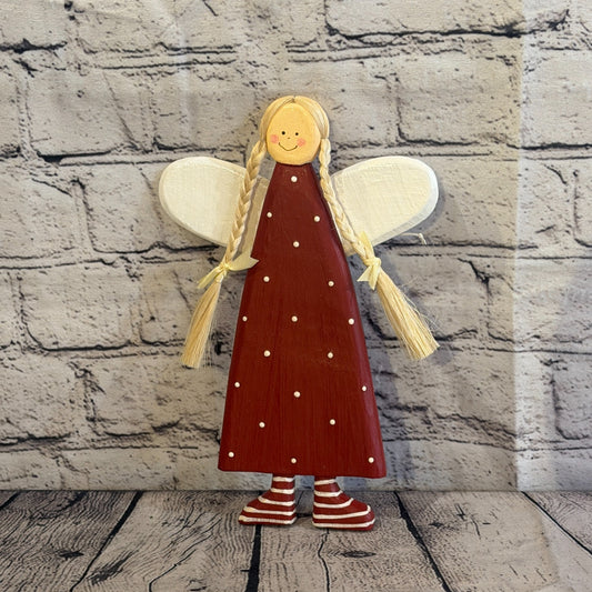 25cm Red Wall Hanging Angel Figurine Folk Art Wood Fabric Baltic Handmade0