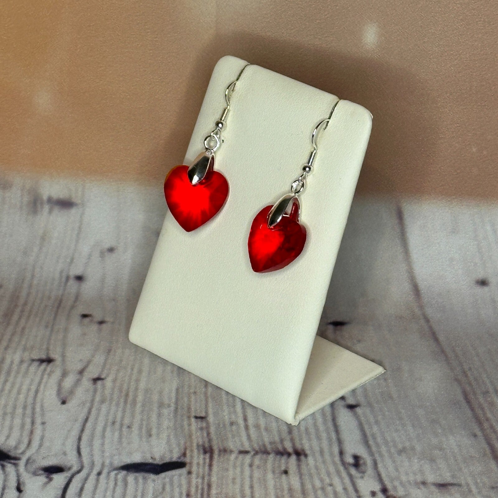 Bright Red Crystal Heart Shaped Dangle Drop Earrings Handmade UK Jewellery1