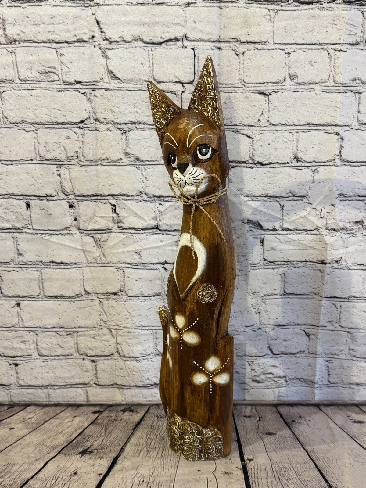 60cm Brown Silver Dots Wooden Shabby Cat Statue Ornament Fair Trade Handcarved1