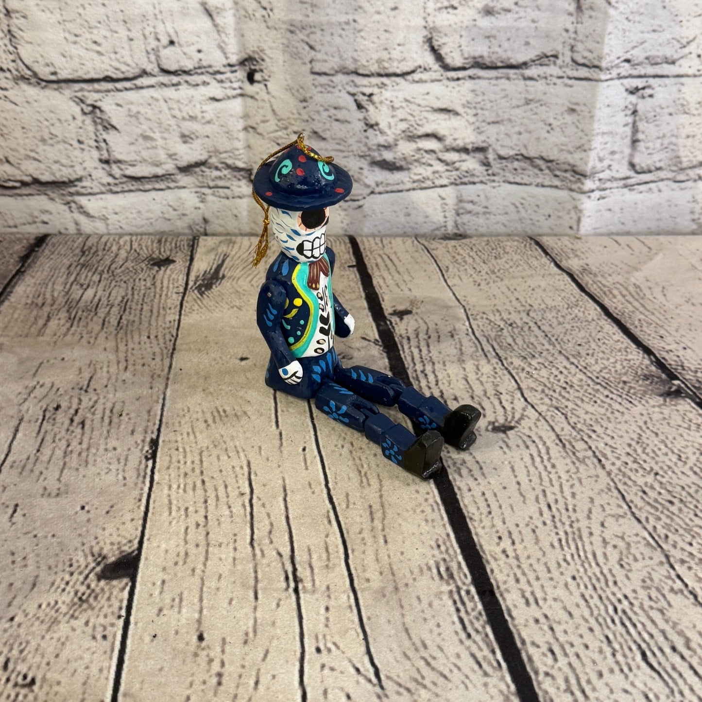 10cm Navy Day Of The Dead Man Sitting Animal, Wooden Shelf Ornament Fairtrade2