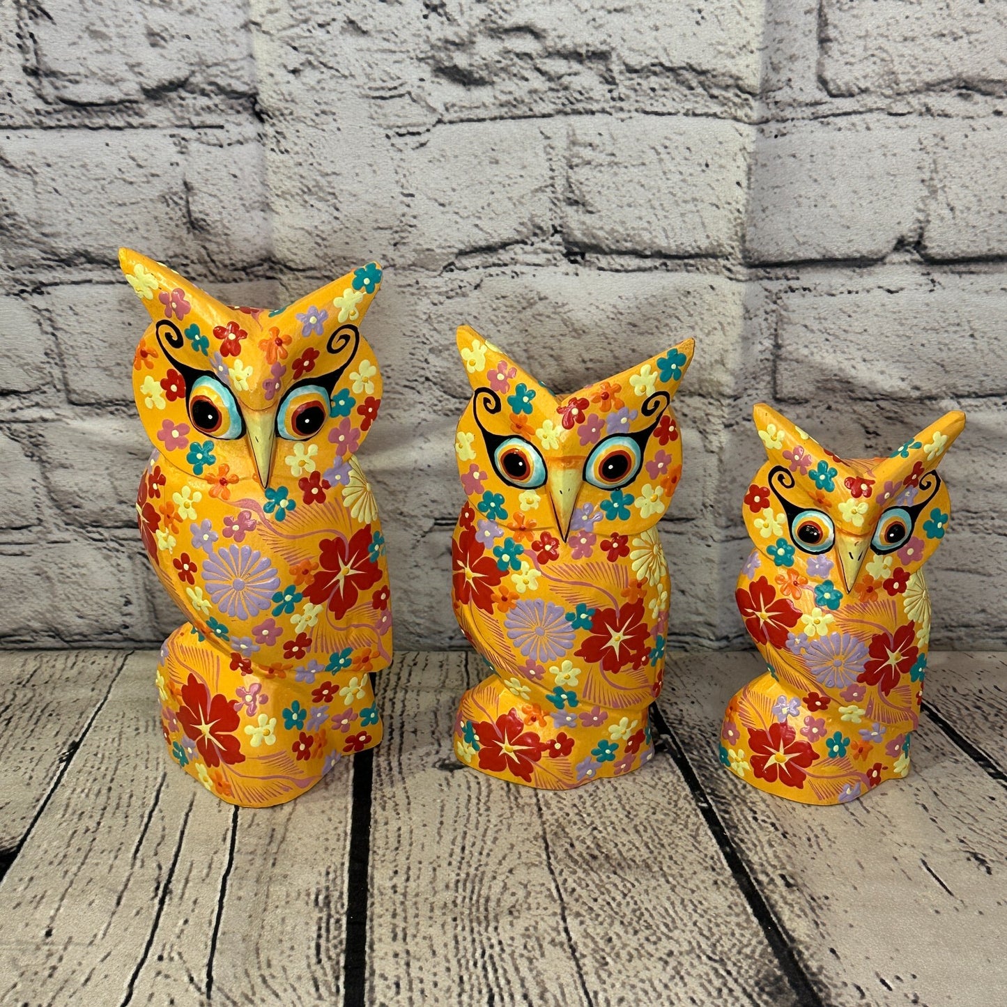Orange Small Wooden Owl With Flower Pattern 12cm x 8cm Handmade and Fairtrade8